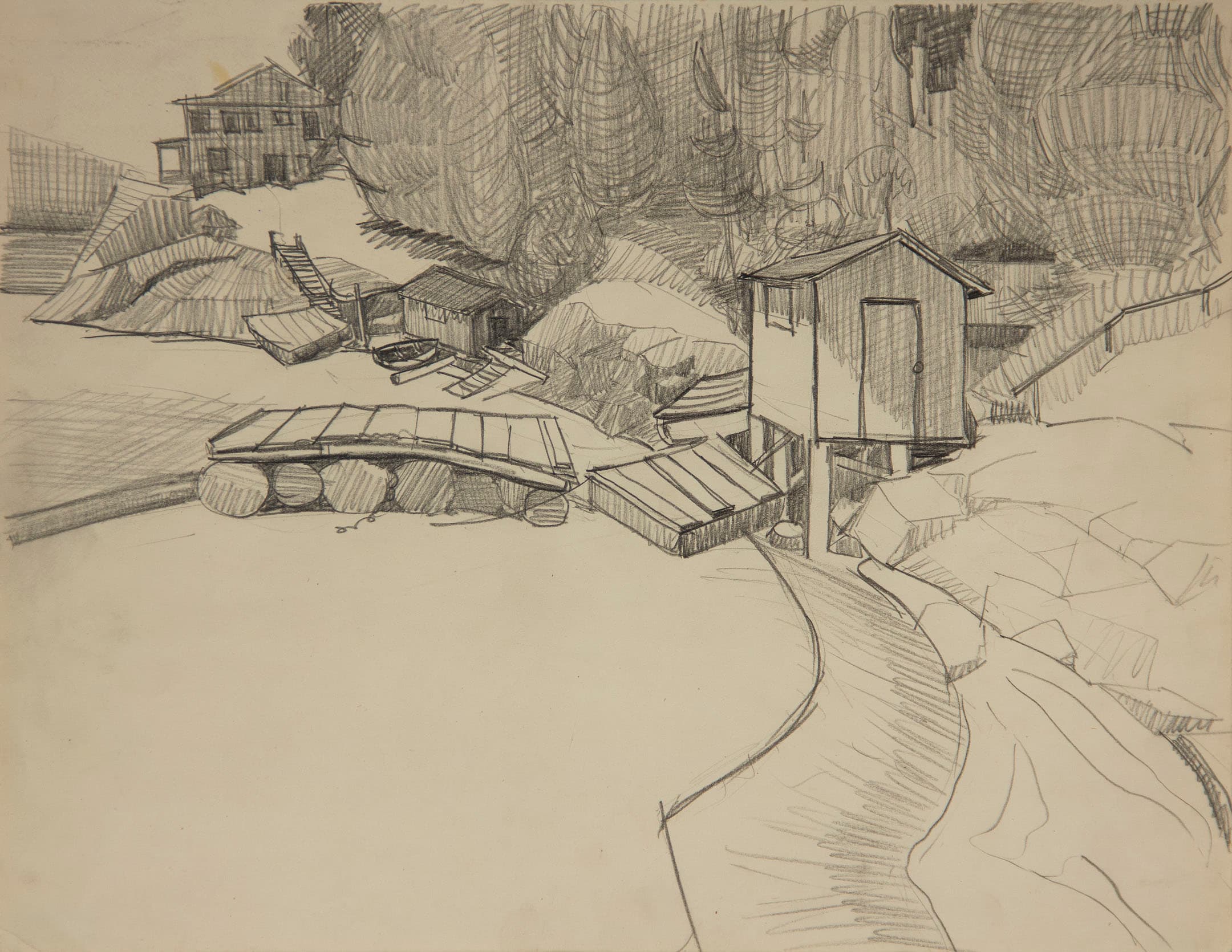 A pencil sketch depicting a rural waterfront scene. In the foreground, a curving path leads toward a raised wooden structure, with several small buildings and steps visible on the hillside. The background features trees and additional structures, with a layering of rocks and wooden planks near the waterline. The composition shows an interplay of light and shadow, highlighting the textures of the natural surroundings.