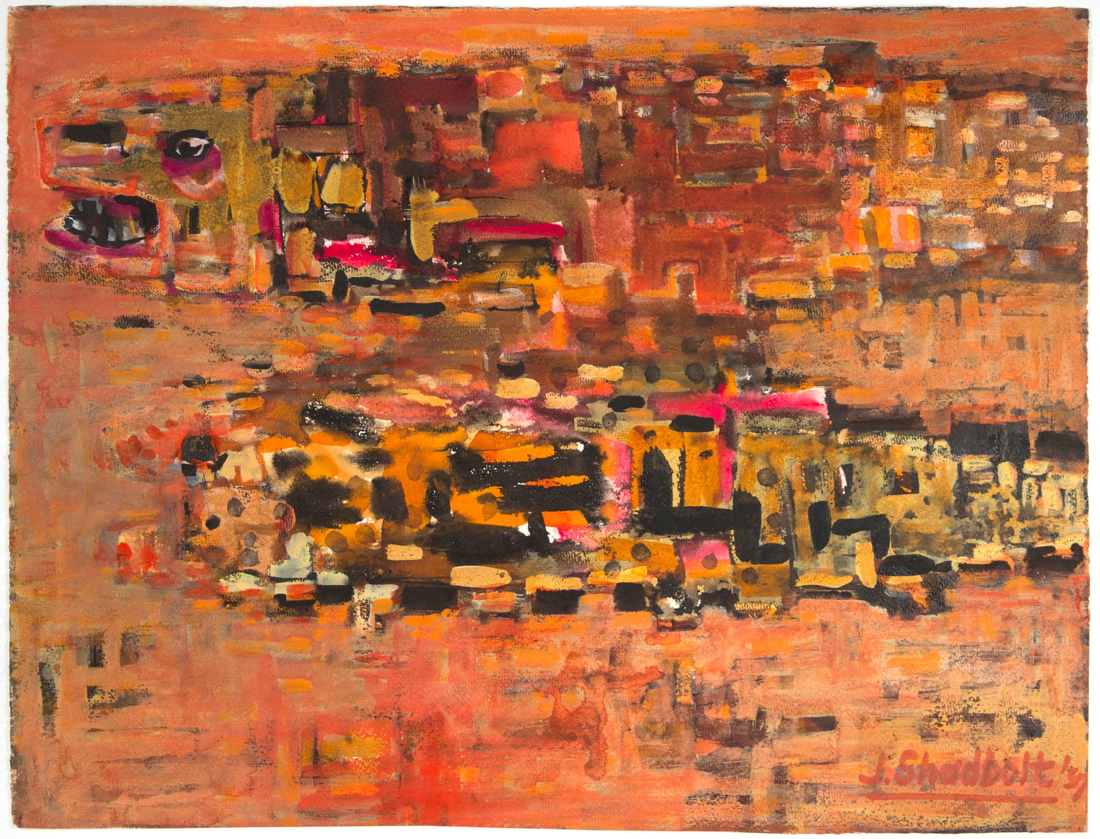 An abstract painting featuring a warm color palette of oranges, browns, and hints of pink. The composition consists of various geometric shapes and forms, creating a textured and layered effect. Darker tones are interspersed throughout, adding depth and contrast to the piece. The artist's signature is visible in the lower right corner.