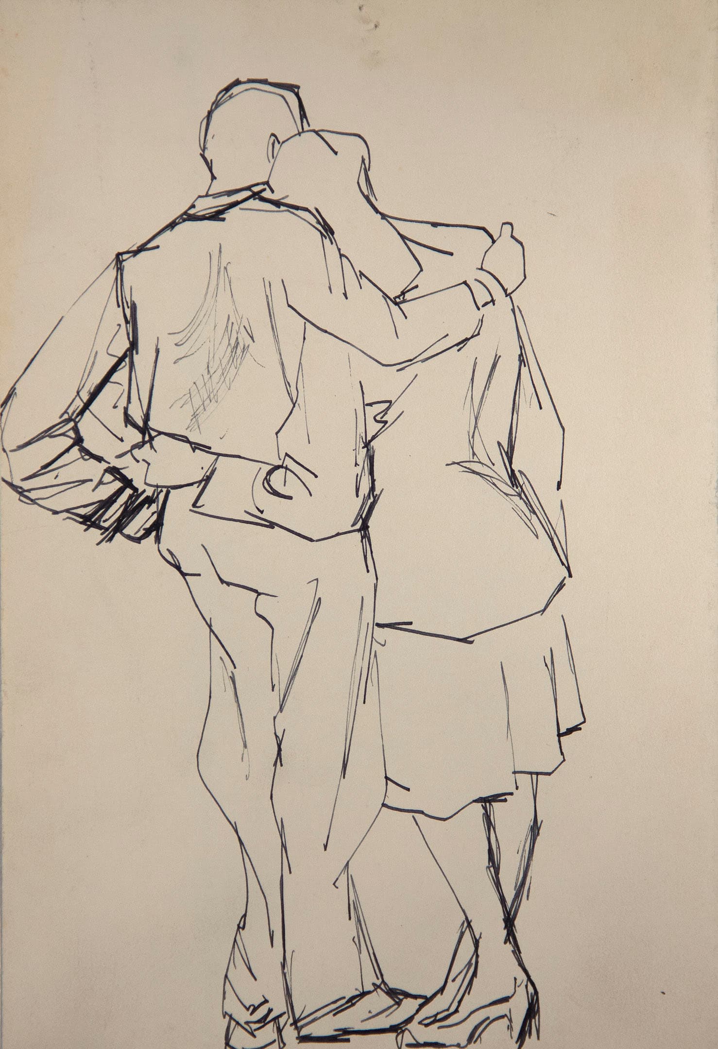 A minimalistic line drawing depicts a couple standing closely together, with the man wearing a suit and the woman in a dress. They embrace, with a gentle curve in their posture suggesting intimacy. The background is a plain light color, emphasizing the simplicity of the composition.