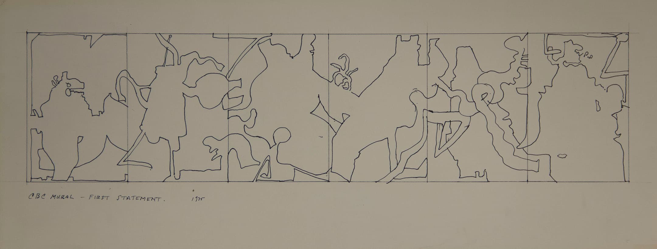 A line drawing depicting a series of abstract shapes and forms arranged horizontally across the page. The outlines are predominantly black on a beige background, with an inscription at the bottom reading "CBC MURAL - FIRST STATEMENT. 1975." The composition features a variety of interconnected figures and motifs, creating a dynamic visual flow.