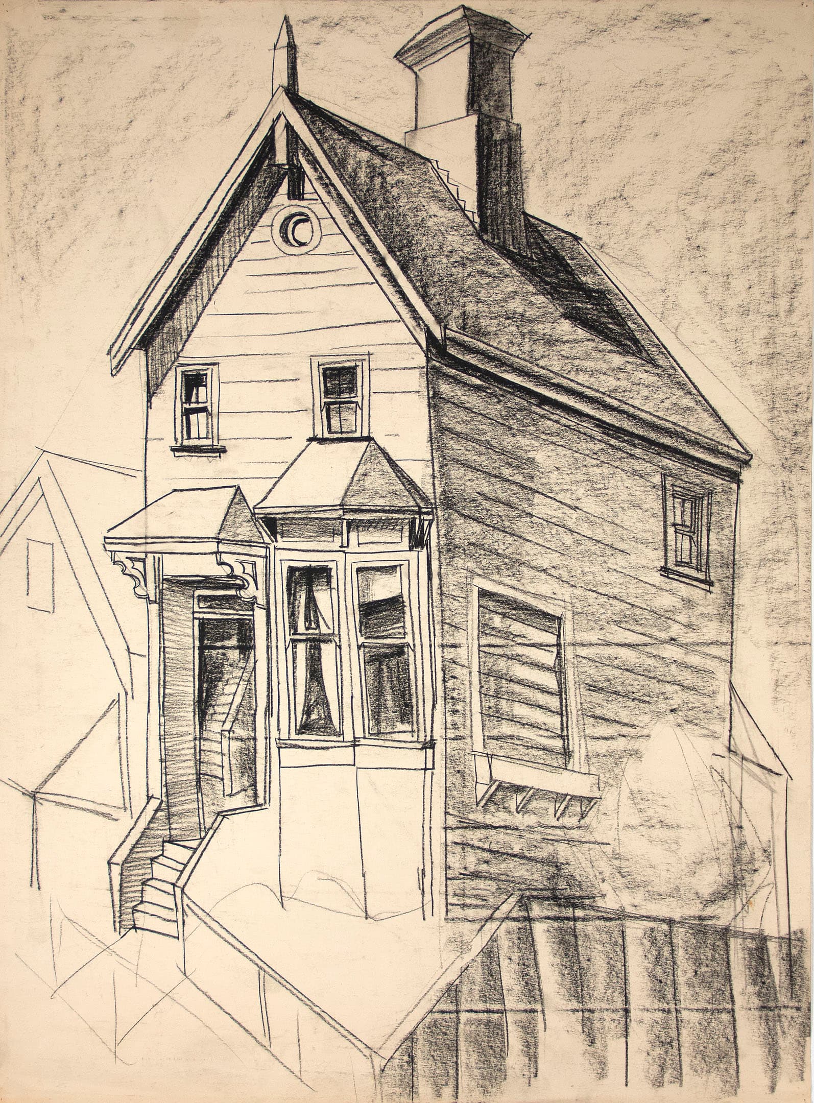 A drawing of a two-story house depicted at an angle, emphasizing its gabled roof, a circular window, and two front porches. The structure shows detailed wood siding, multiple windows, and a stairway leading to the front door. The background is a textured light surface, adding depth to the composition.