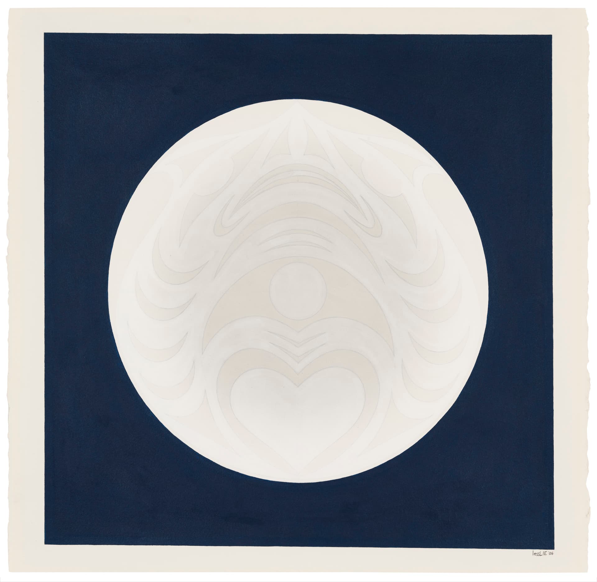 A circular, light-colored shape with soft, abstract patterns is centered on a deep blue background. The shape features various forms, including a prominent heart at the bottom and subtle lines creating a sense of movement. The artwork has a clean, minimalist style, with a textured border around the edge.