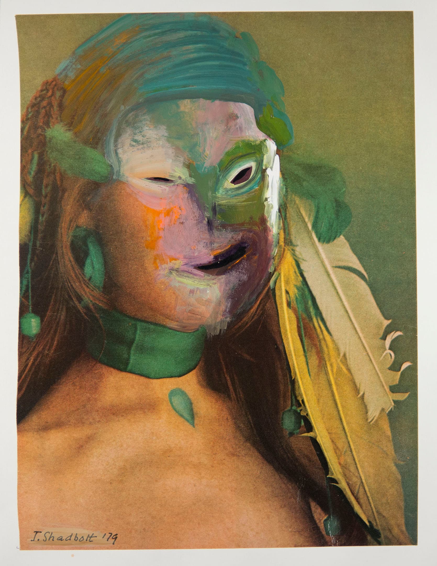A digitally altered portrait of a woman with long hair, featuring a colorful and surreal mask-like face. The woman's skin is painted in various hues, including greens, yellows, and pinks, while she wears a green choker and has feathers in her hair. The background is a muted color that contrasts with the vivid details of the face and accessories. The artist's signature is visible in the bottom left corner, dated '79.