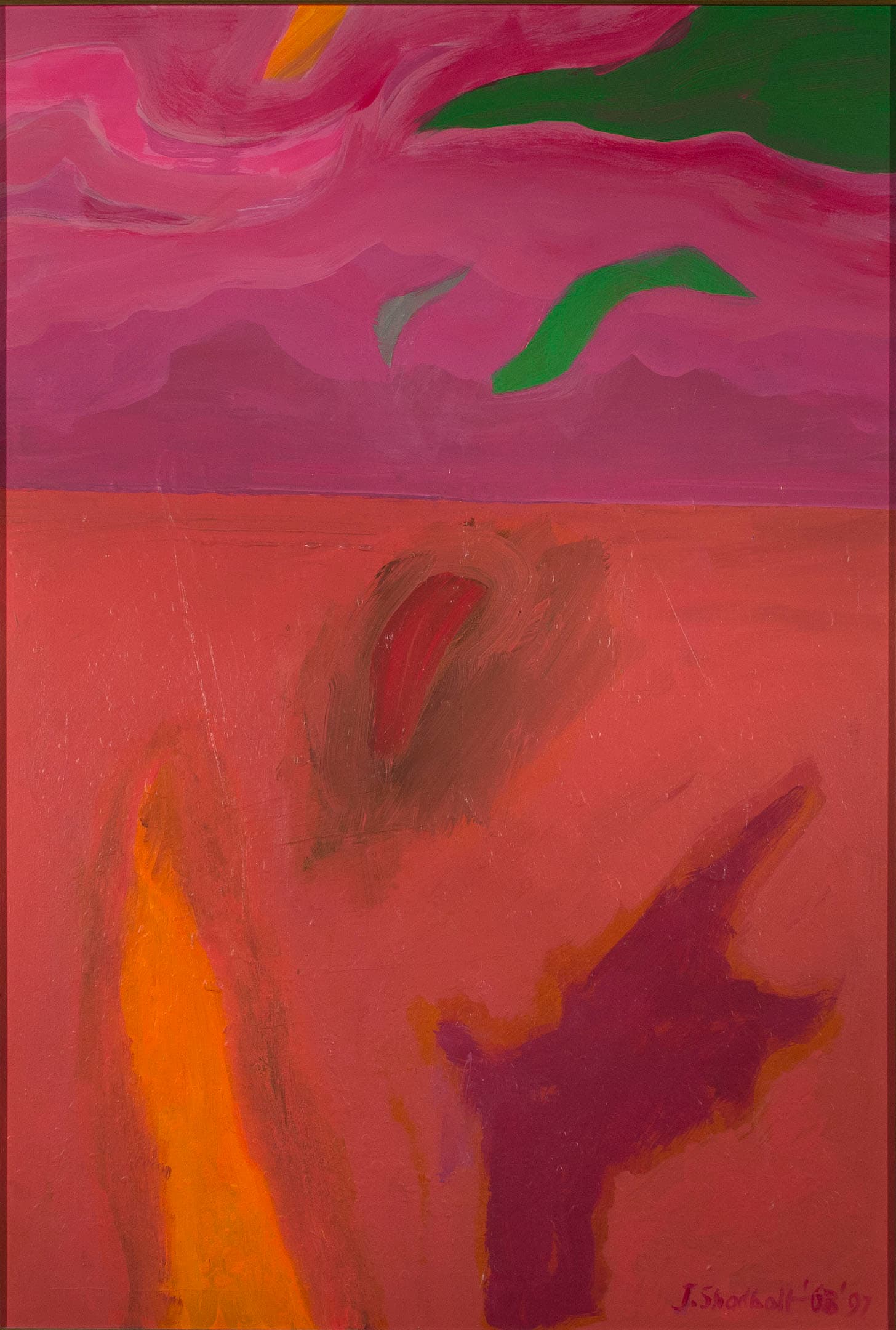 An abstract painting featuring a vibrant blend of pink, red, and orange hues. The upper portion has swirling pink skies with green and orange shapes, while the lower section displays soft, earthy tones. Bold brush strokes create dynamic shapes that suggest a landscape or horizon. The artwork is signed in the bottom right corner with the date "’09."