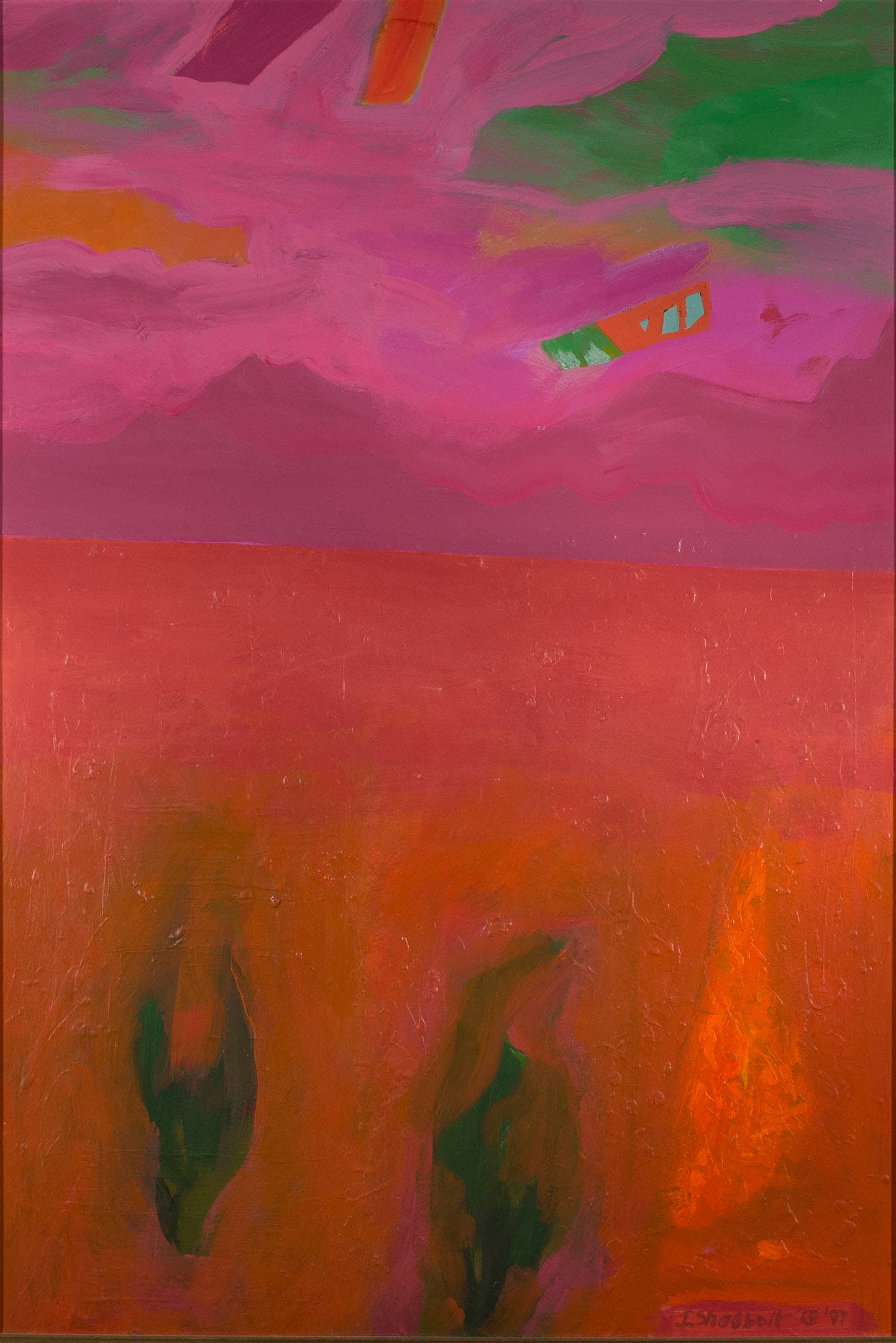 An abstract painting featuring a vibrant color palette dominated by shades of pink, orange, and green. The upper portion displays swirling pink clouds with rectangular shapes in green, orange, and red. The lower section features a gradient of warm colors, with subtle dark shapes suggesting figures or silhouettes against a glowing background. The artwork is signed in the bottom right corner.
