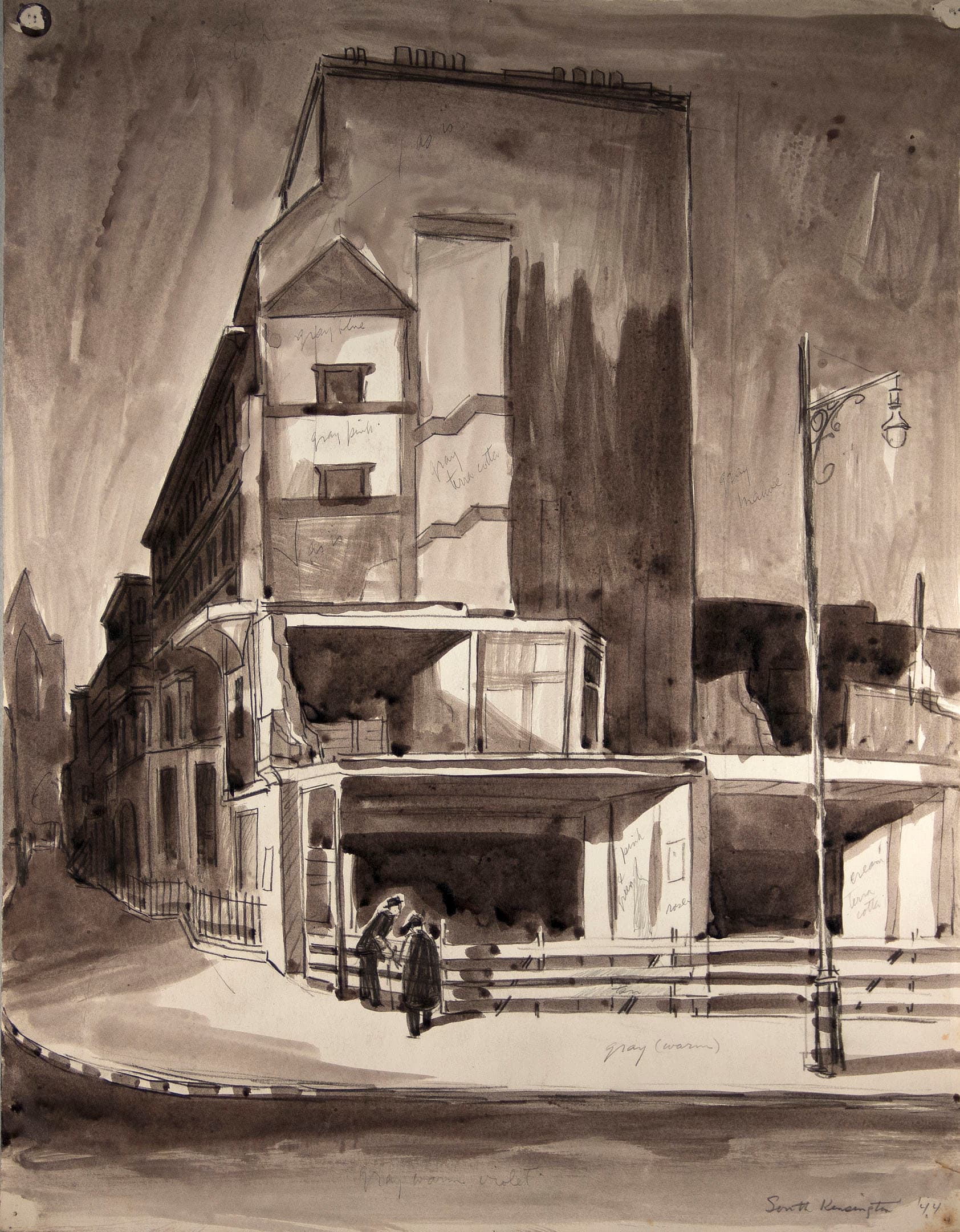 A monochromatic watercolor painting depicting a corner building with a modern architectural style. The structure is partially visible, highlighting sharp angles and multiple levels. Two figures, dressed in long coats and hats, are standing at the base of the building, seemingly engaged in conversation. A streetlamp can be seen nearby, and the surrounding area includes a curved road and low fencing. The overall mood is somber, with shades of gray and brown dominating the composition. Handwritten notes and sketches are faintly visible in the background.
