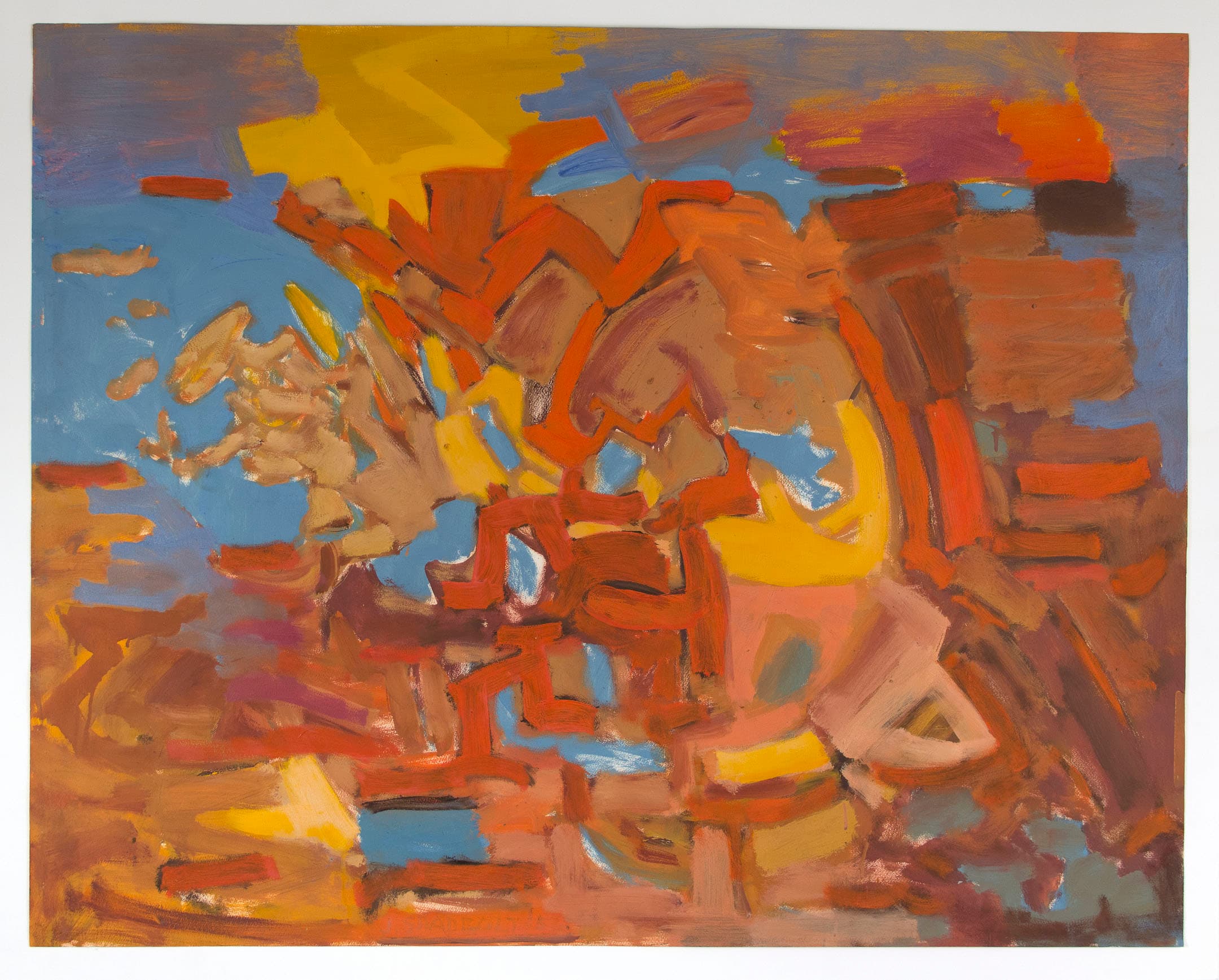An abstract painting featuring a dynamic composition of bold brush strokes in a vibrant color palette. Dominant hues include orange, yellow, red, and blue, creating a sense of movement and depth across the canvas. The background transitions from a light blue at the top to warmer tones at the bottom, with an interplay of organic shapes and forms throughout.