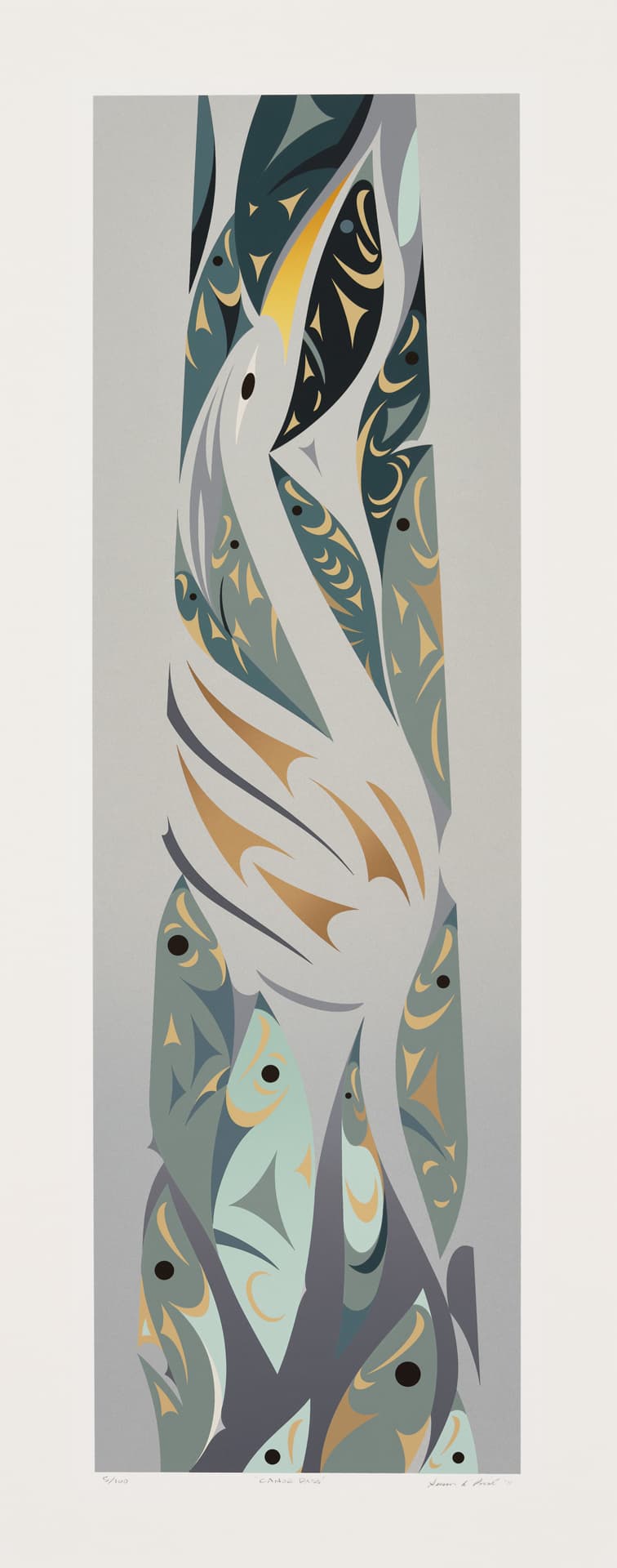 An abstract illustration featuring a stylized bird in the center, surrounded by various fish shapes. The color palette includes shades of teal, gray, and gold. The bird's elongated neck and intricate detailing contrast with the more geometric forms of the fish, creating a harmonious composition. The bottom of the image contains a signature and the text "CANOE DANCE."
