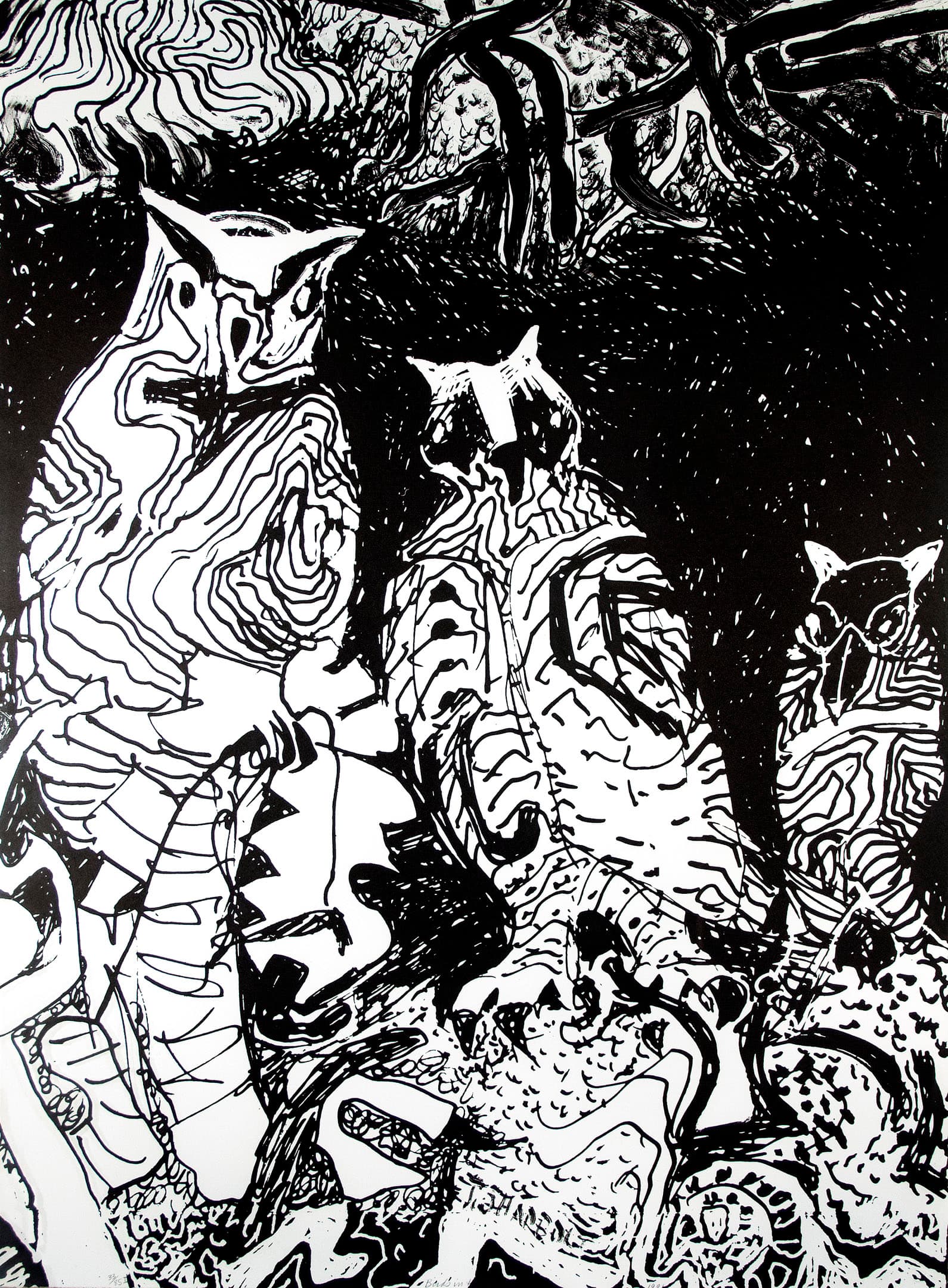 A black and white illustration featuring stylized owls surrounded by abstract patterns and textures. The owls display intricate linework and shapes, blending into a chaotic background of swirling designs and shapes, creating a dynamic and visually engaging composition.