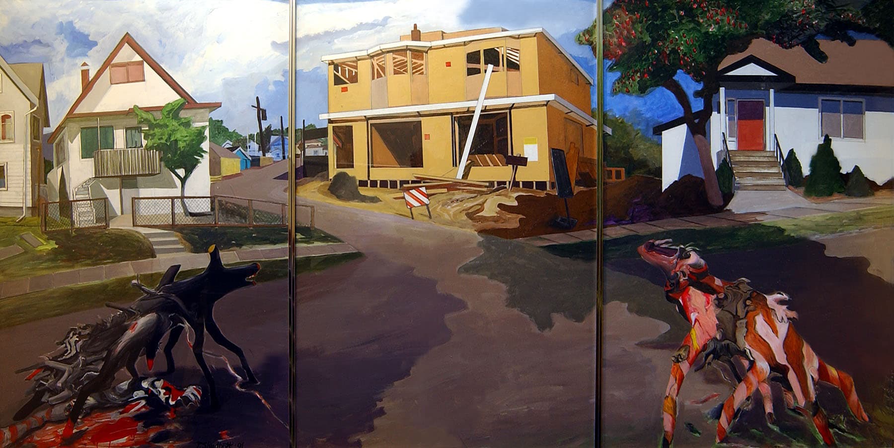 A triptych painting features two houses on the left and right sides, separated by a construction site in the center. The left side depicts a two-story home with a balcony, while the right showcases a modern white house. In the foreground, two dismembered animal figures, rendered in an abstract style, lie on the street. The scene is set against a cloudy sky, adding a somber atmosphere to the contrast between the homes and the construction site.