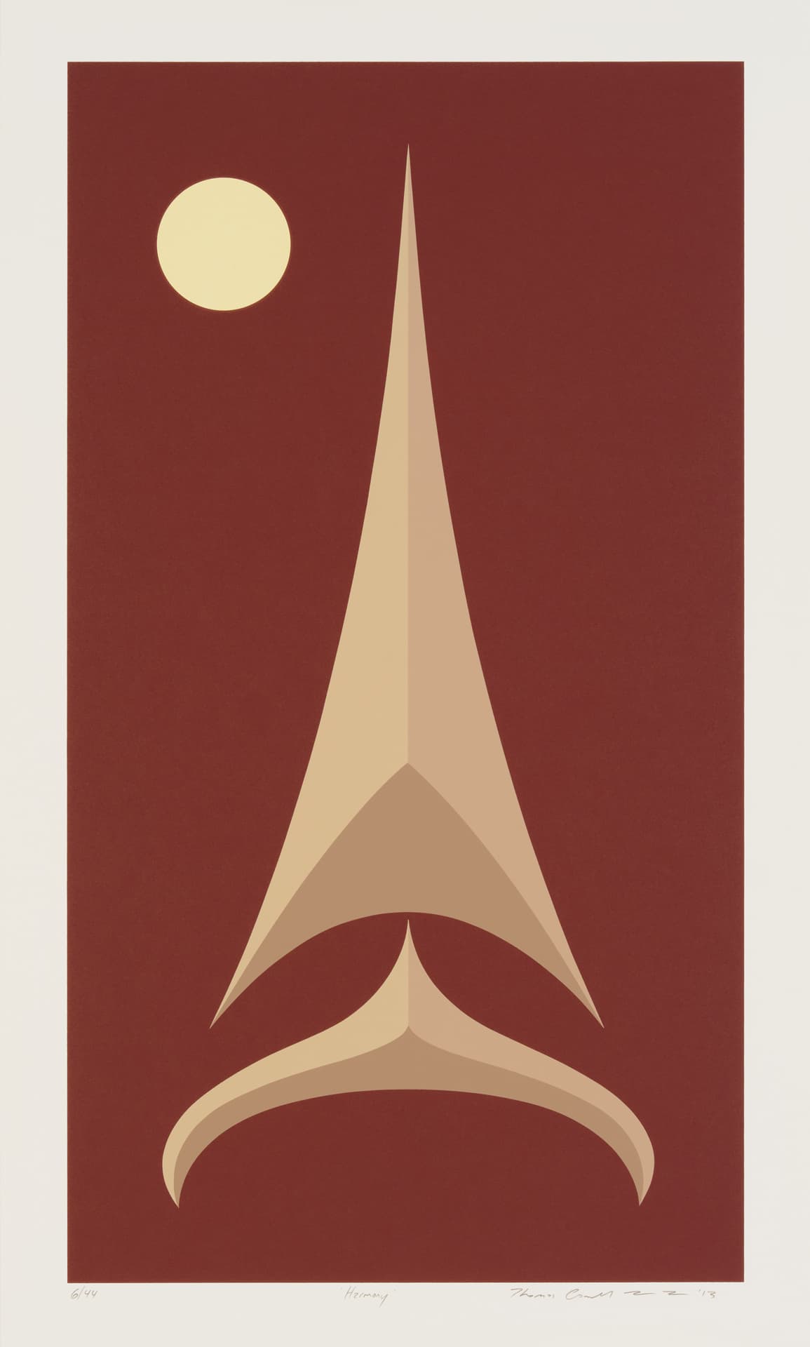 A minimalist graphic design featuring a stylized, abstract representation of a face. The face is centrally located, dominated by a large, pointed nose. Above, there is a pale yellow circle representing the sun, set against a deep red background. The artwork is signed and numbered at the bottom.