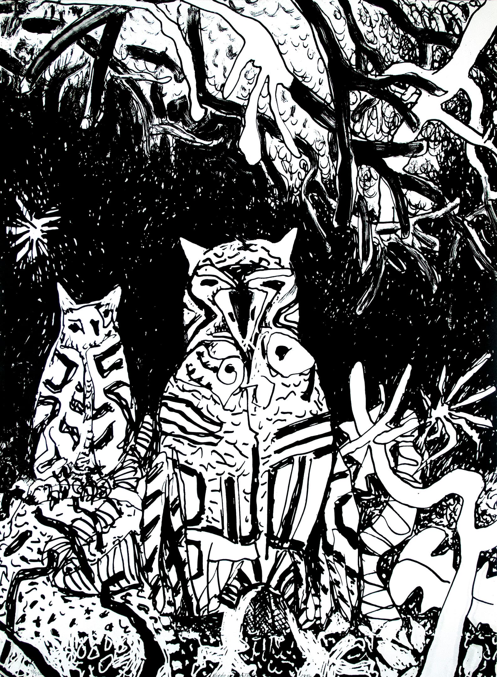 A black and white illustration featuring two stylized owls in the foreground, surrounded by abstract foliage and branches. The owls have distinct patterns and textures. In the background, a starburst shapes and additional abstract elements create a dynamic, night-like atmosphere. The overall composition is detailed and intricate, capturing a whimsical, artistic interpretation of a natural scene.