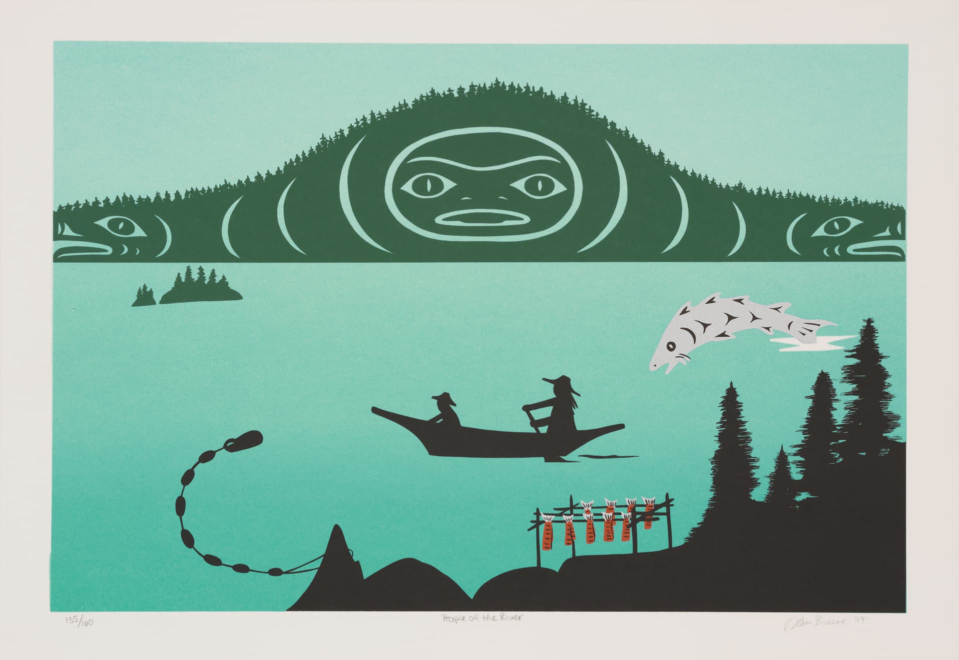 A vibrant illustration titled "People of the River," featuring a stylized landscape with a large green hill resembling a fish, topped by a face. In the foreground, two figures in a canoe are paddling on turquoise water, with a leaping fish nearby. To the right, black silhouettes of trees surround a clothesline with hanging fish. The scene is framed by a gradient background, transitioning from light to dark turquoise.