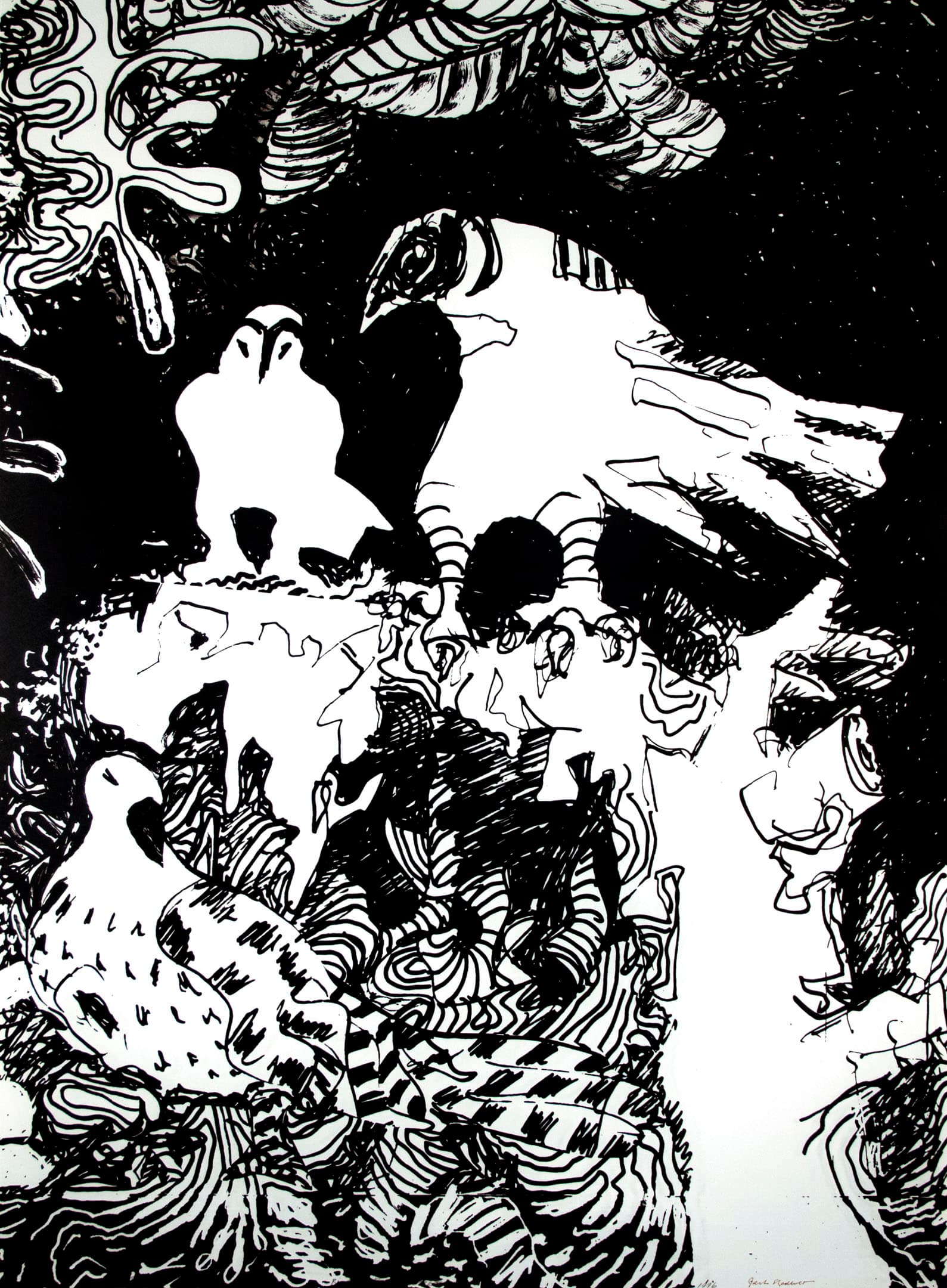 A black and white illustration featuring abstract designs with several stylized birds among intricate, swirling patterns. The background is predominantly black, contrasting with the white outlines of the birds and surrounding shapes.