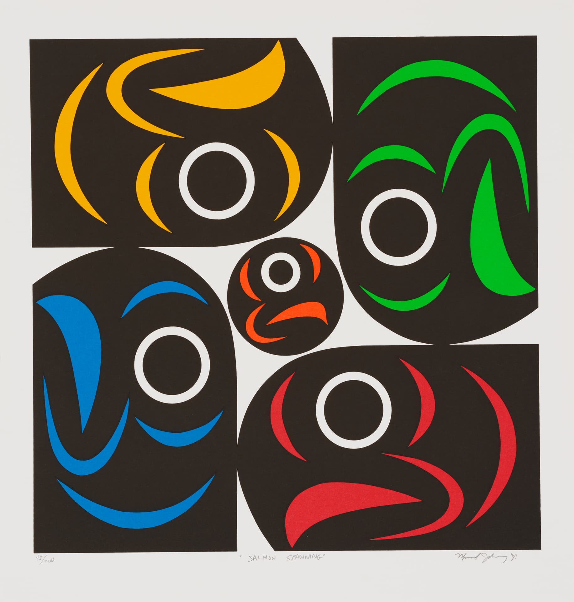 A vibrant abstract artwork featuring five stylized fish shapes in various colors: yellow, blue, green, red, and black. Each fish has distinct patterns and features, with circular white accents representing eyes. The background is black, enhancing the boldness of the colors. The title "Salmon Spinning" and the artist's signature are visible at the bottom.