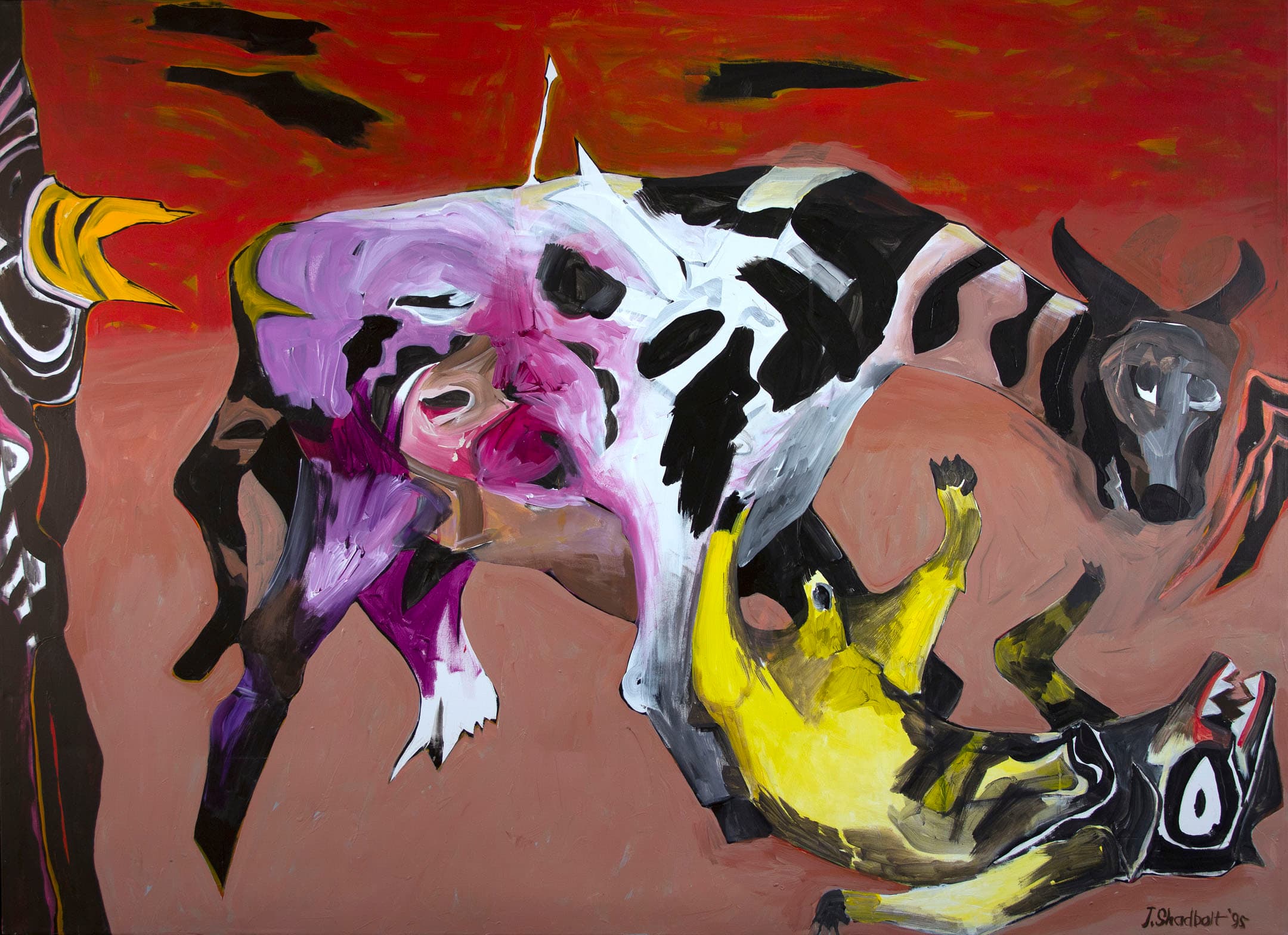 An abstract painting featuring a distorted depiction of a cow and a yellow animal on a reddish-brown background. The cow's body is painted in shades of black, white, and purple, with exaggerated facial features, while the yellow animal appears to be lying on its back. The artwork incorporates bold brush strokes and vibrant colors.