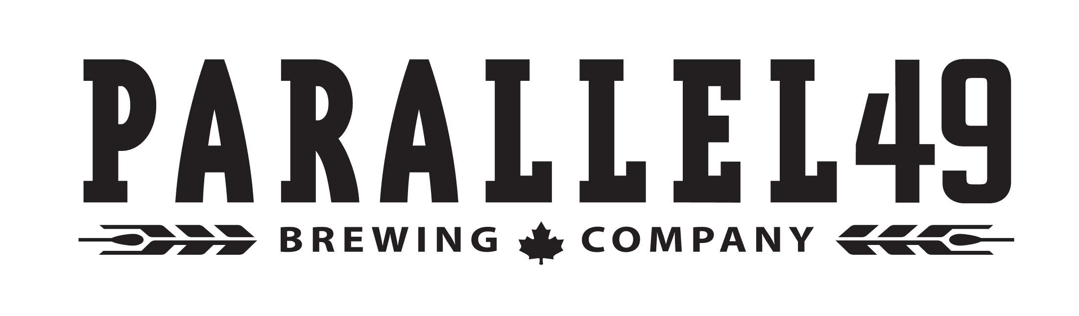 Black logo for Parallel 49 Brewing Company, featuring bold text with "PARALLEL" at the top and "BREWING COMPANY" at the bottom, along with a graphic of a maple leaf and stylized arrows.