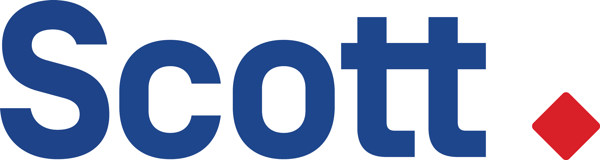 Logo featuring the word "Scott" in bold, dark blue capital letters, accompanied by a small red diamond shape on the right side. The background is white.