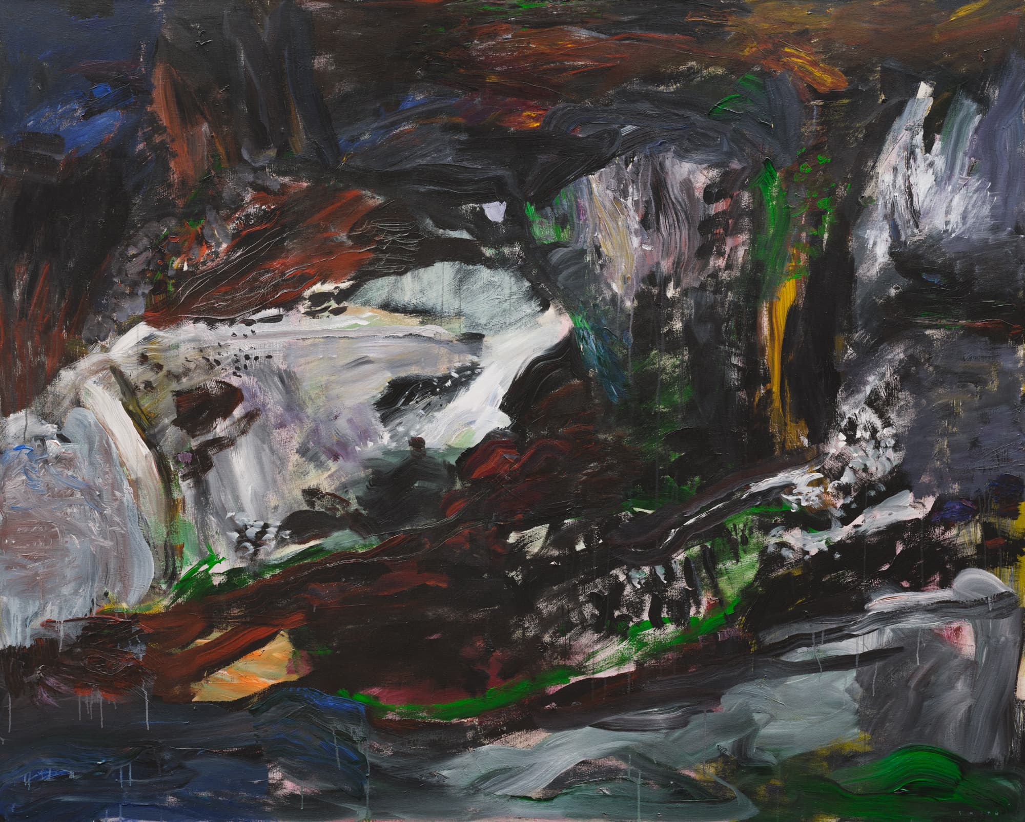 An abstract painting featuring a dynamic mix of dark hues, with swirling blacks, reds, greens, and hints of light colors. The composition includes bold brush strokes and layered textures, creating a sense of movement and depth. Areas of contrast suggest fluid shapes and forms, evoking an emotional response.