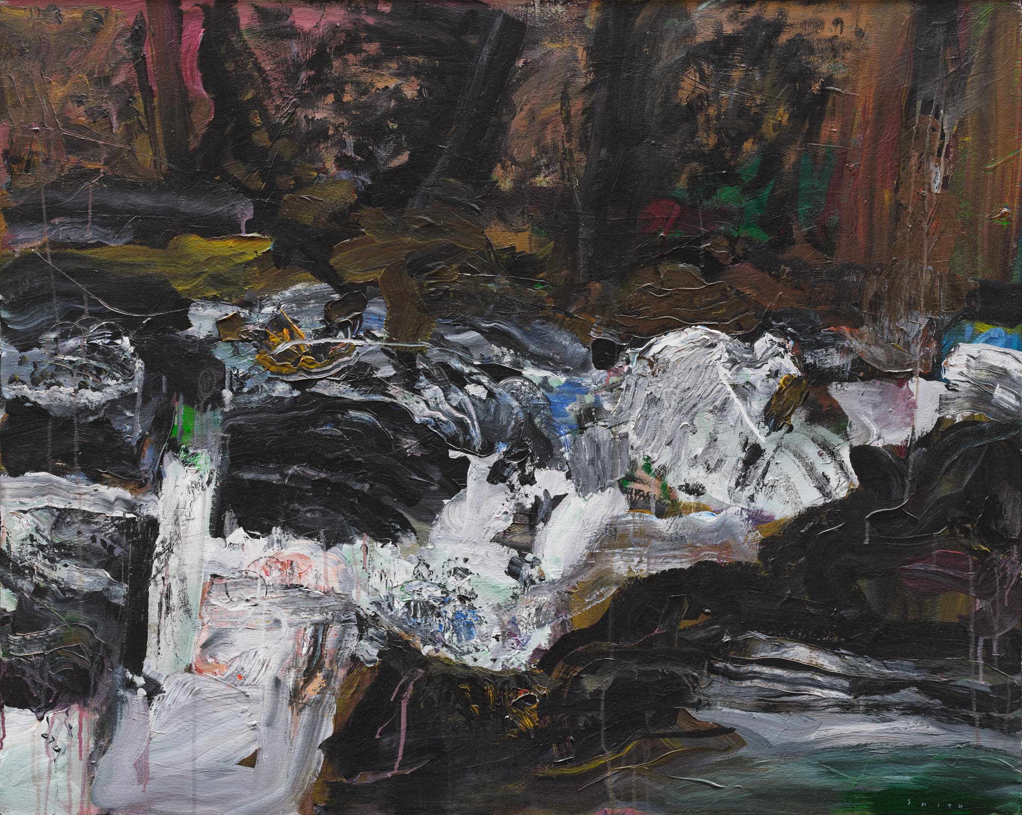 An abstract painting featuring a dynamic interplay of dark and muted colors, with thick, textured brushstrokes. The composition includes swirls of black and white, interspersed with hints of green, orange, and gold. The background suggests depth with earthy tones, while the foreground showcases a chaotic blend of shapes and forms that evoke a sense of movement and emotion.