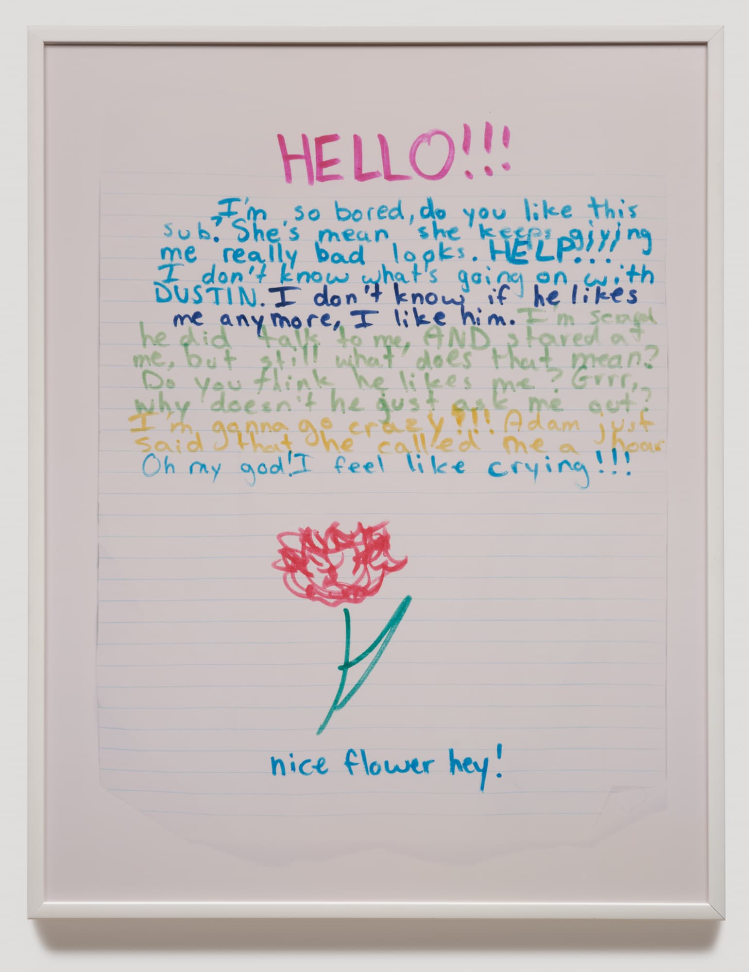 A handwritten note on lined paper, featuring colorful text and a simple drawing of a red flower. The message expresses feelings of boredom and confusion about a relationship, asking for advice on romantic interests. Phrases are highlighted in pink and blue, with some words written in green and yellow. The note concludes with the phrase "nice flower hey!" below the drawing. The overall tone is informal and emotional.