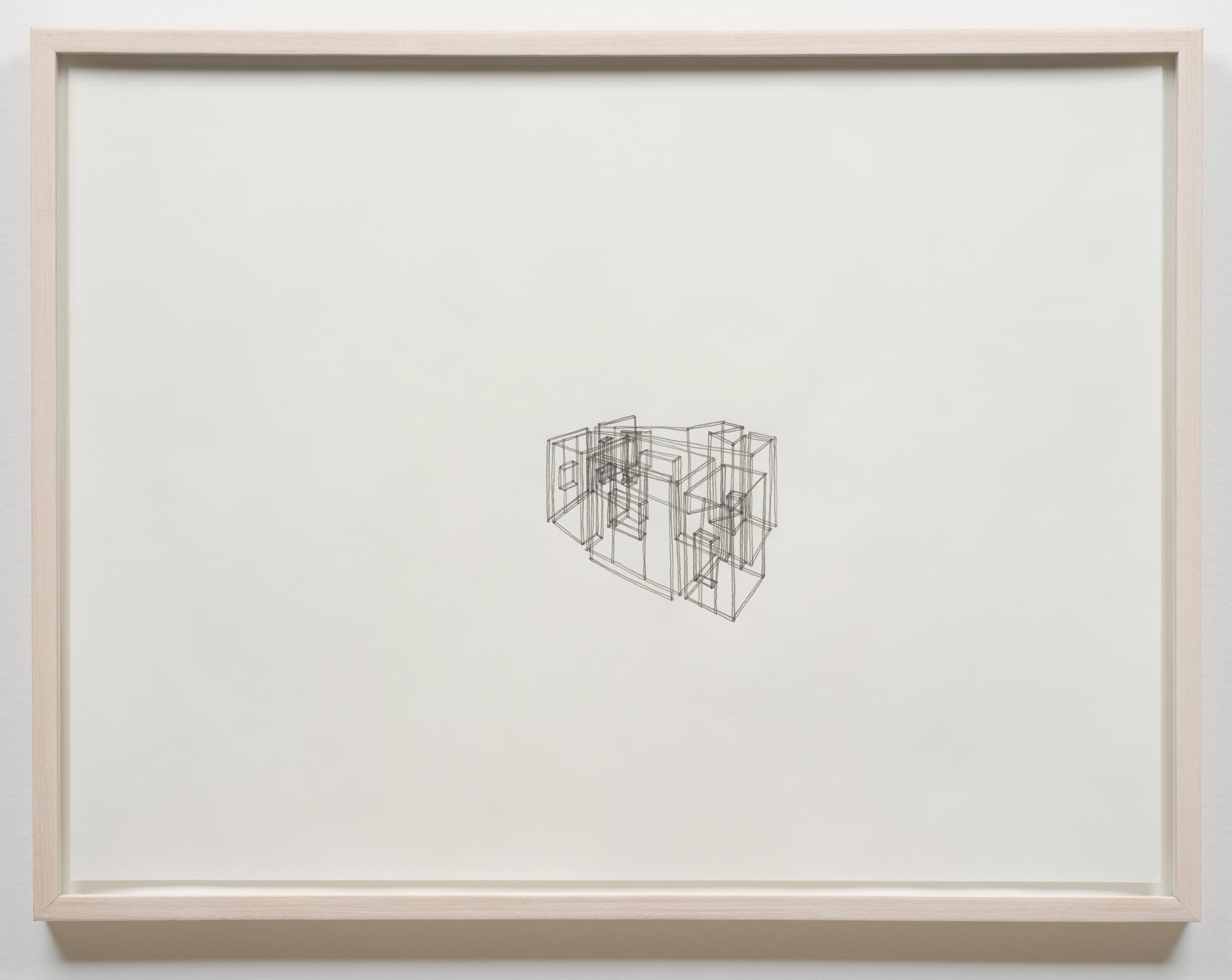 A minimalist artwork featuring a delicate line drawing of a three-dimensional structure, centered on a blank, white background. The drawing is enclosed in a light wooden frame, highlighting its simplicity and emphasizing the intricate geometric forms depicted.