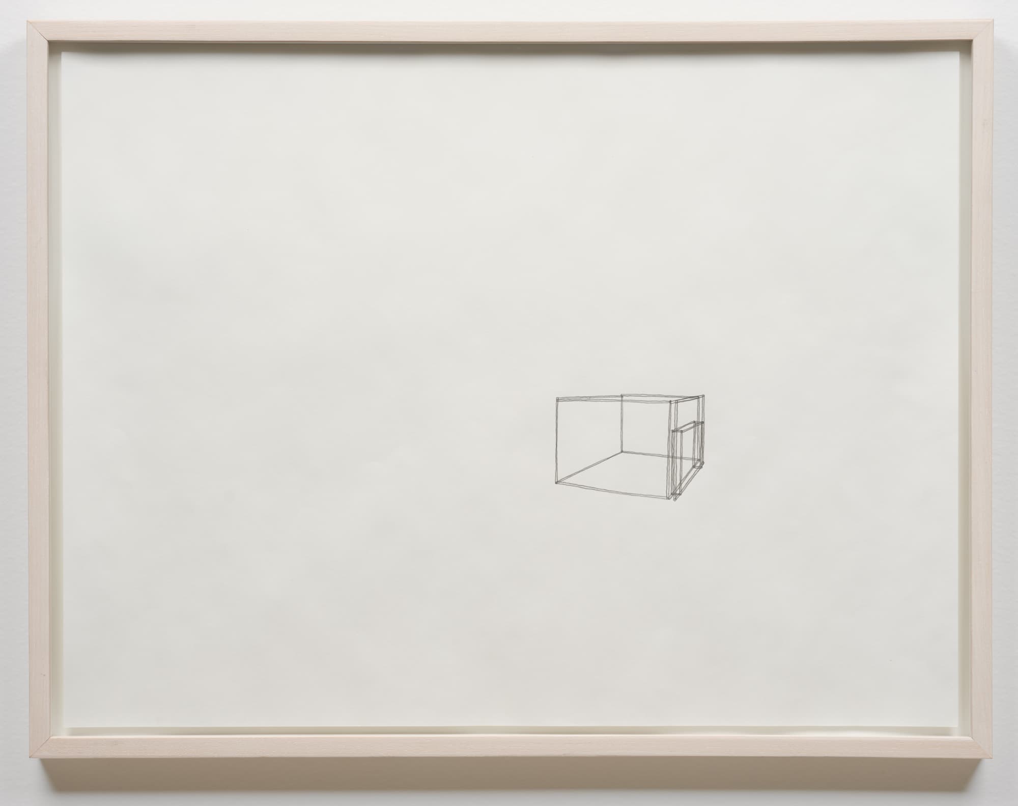 A simple line drawing of an empty cube is depicted in the center of a plain white sheet of paper. The drawing is enclosed in a thin light-colored frame, with ample negative space surrounding the cube, emphasizing its minimalistic design.