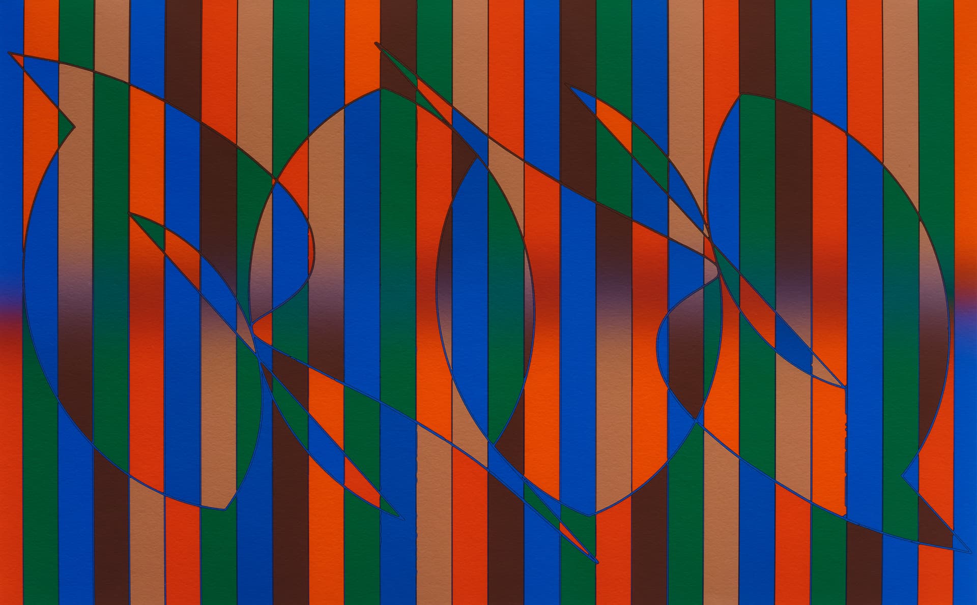 Abstract design featuring bold, overlapping shapes outlined in black against a background of vertical stripes in vibrant colors, including blue, orange, green, and brown. The composition creates a dynamic visual contrast and a sense of depth.