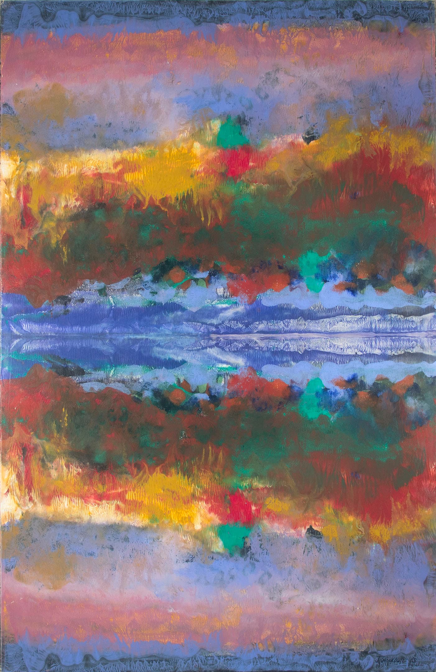 An abstract painting featuring vibrant colors such as reds, yellows, greens, and blues. The composition is divided horizontally, with a band of blue in the center resembling water, reflecting the surrounding warm tones above and below. The brush strokes are textured, adding a sense of depth and movement to the overall piece.