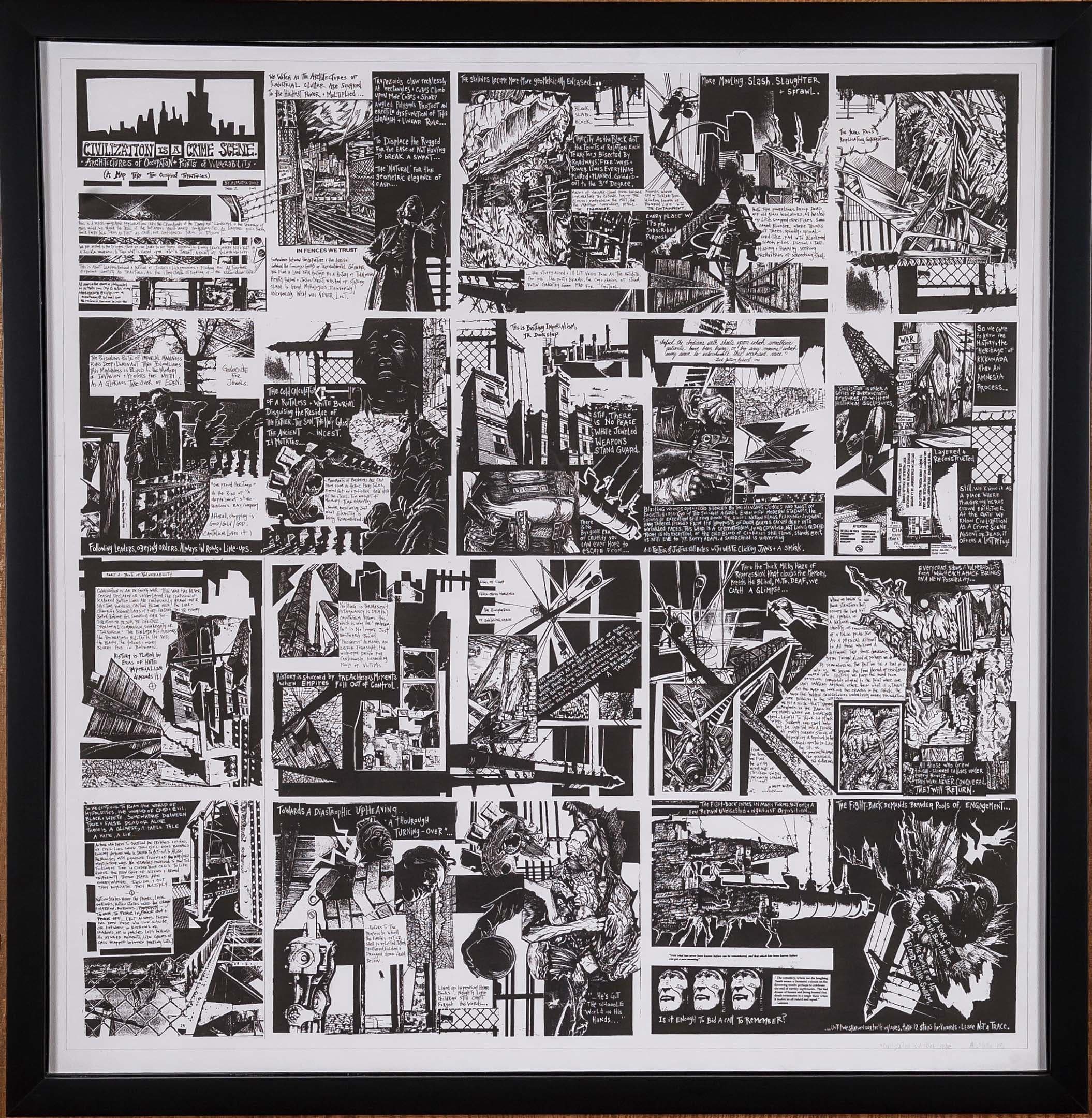 A black-and-white artwork featuring a collage of various illustrated scenes and text boxes. The images depict urban environments, figures, and abstract shapes, with a mixture of detailed line drawings and graphic elements. Textual elements provide commentary or context, occupying various sections throughout the composition. The piece is framed, emphasizing its structured layout and contrasting visuals.
