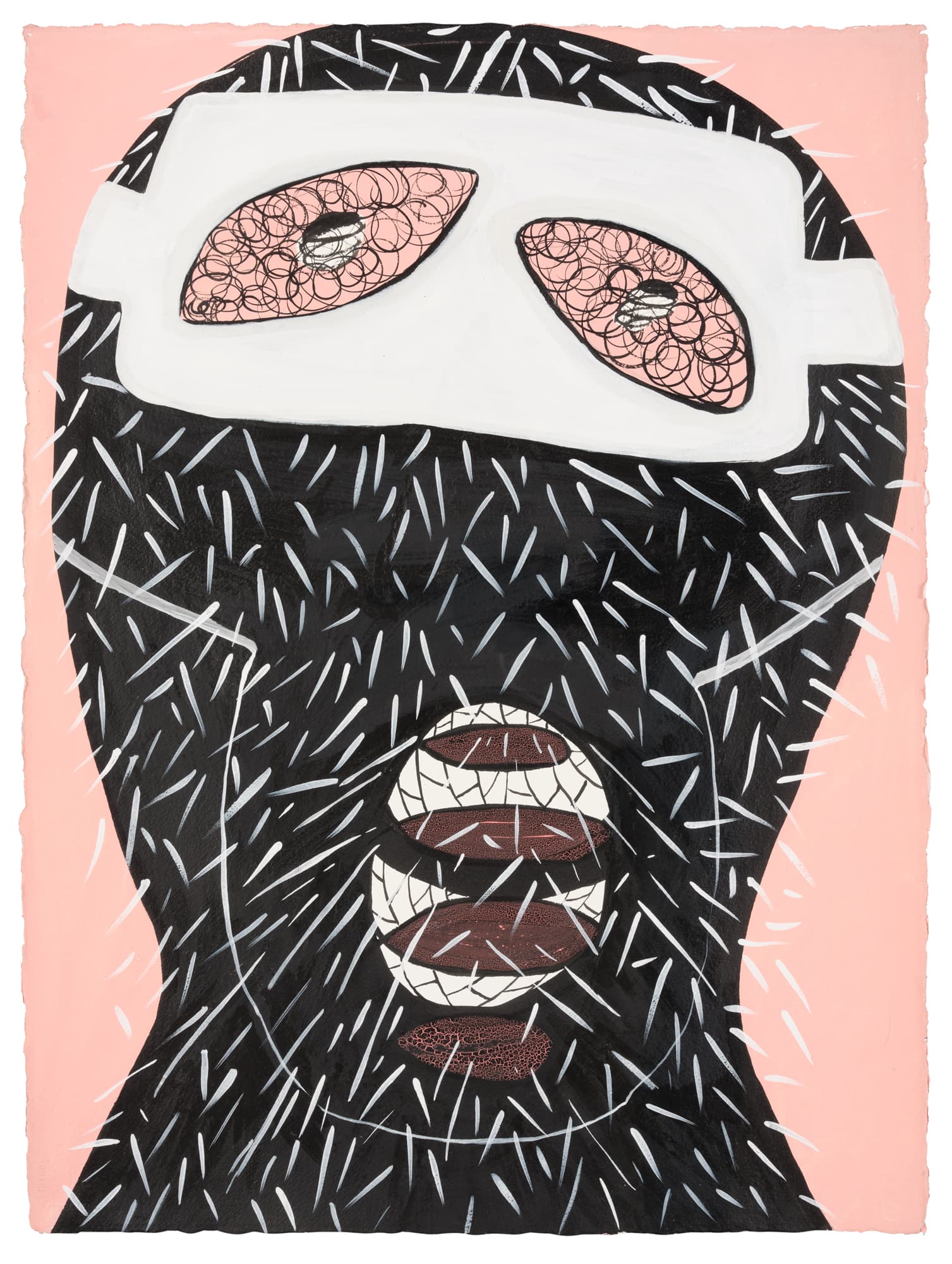 A stylized portrait of a face against a pink background. The face is predominantly black with thick, white lines creating texture and features. Large, oval eyes with pink irises and a white outline dominate the upper portion, while the mouth is depicted with three horizontal lines, suggesting lips, with a reddish-brown color. The overall composition combines bold colors and abstract forms.