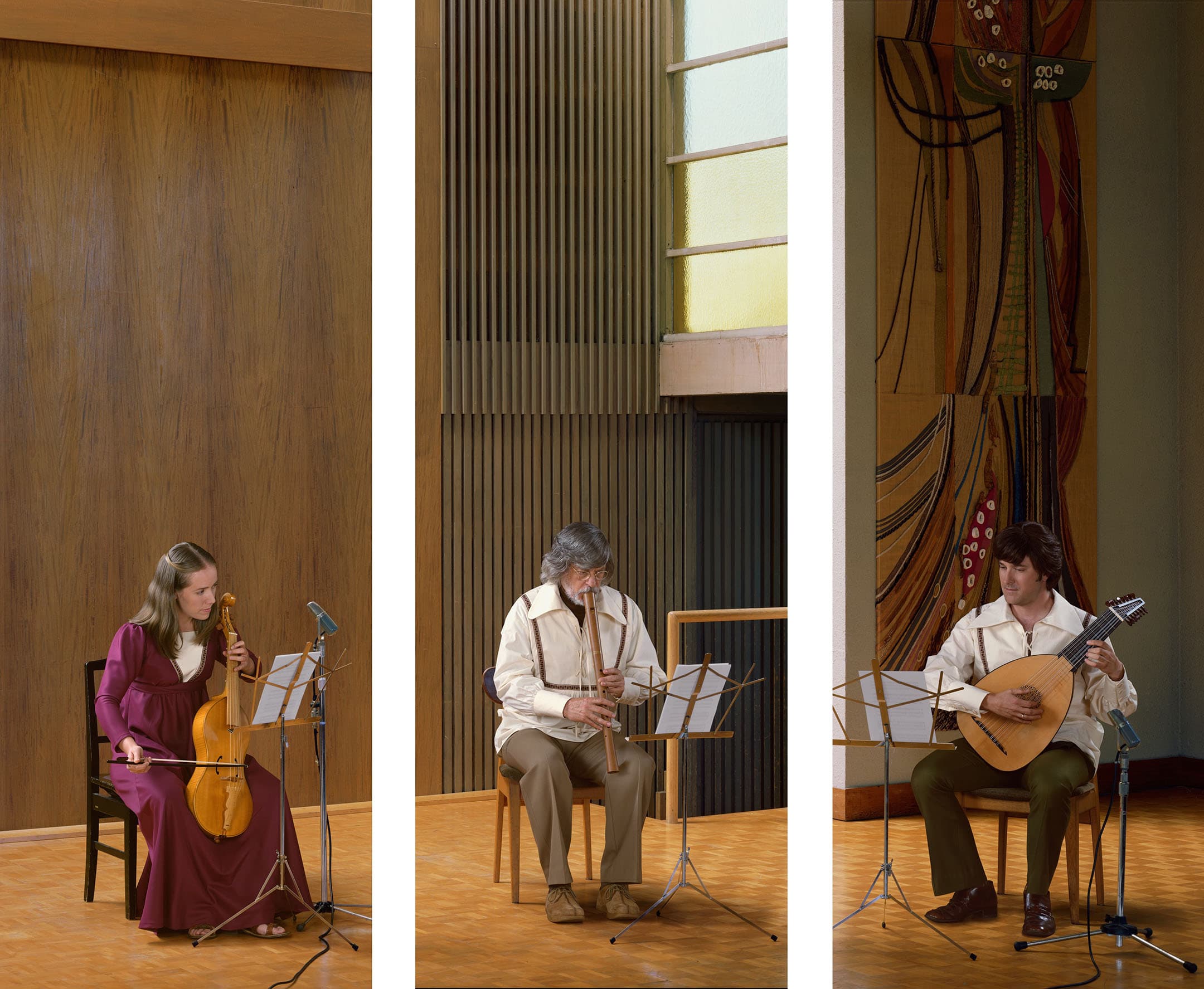 A triptych image featuring three musicians seated in a performance space. On the left, a young woman in a purple dress plays a stringed instrument, focused on her sheet music. In the center, an older man with long hair plays a woodwind instrument, also concentrating on his sheet music. On the right, a man plays a lute-like instrument while seated. The background includes wooden paneling and decorative elements, contributing to a warm, acoustic ambiance.