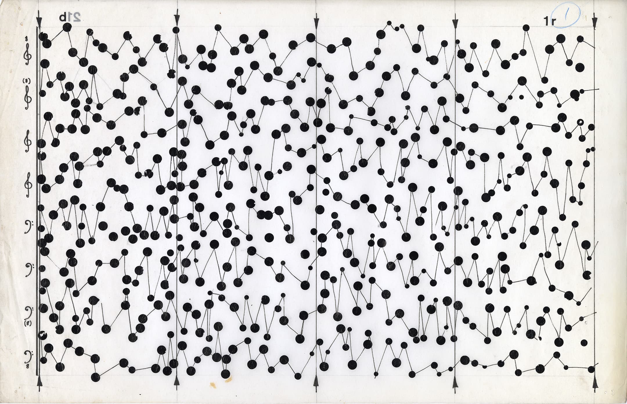 A detailed black-and-white image featuring a complex network of black circles connected by thin lines. The circles vary in size and density, creating a scattered pattern across the page. On the left side, there are musical notations and symbols. The overall composition has a grid-like structure with some vertical and horizontal markers, which provides a sense of organization amidst the complexity of connections.