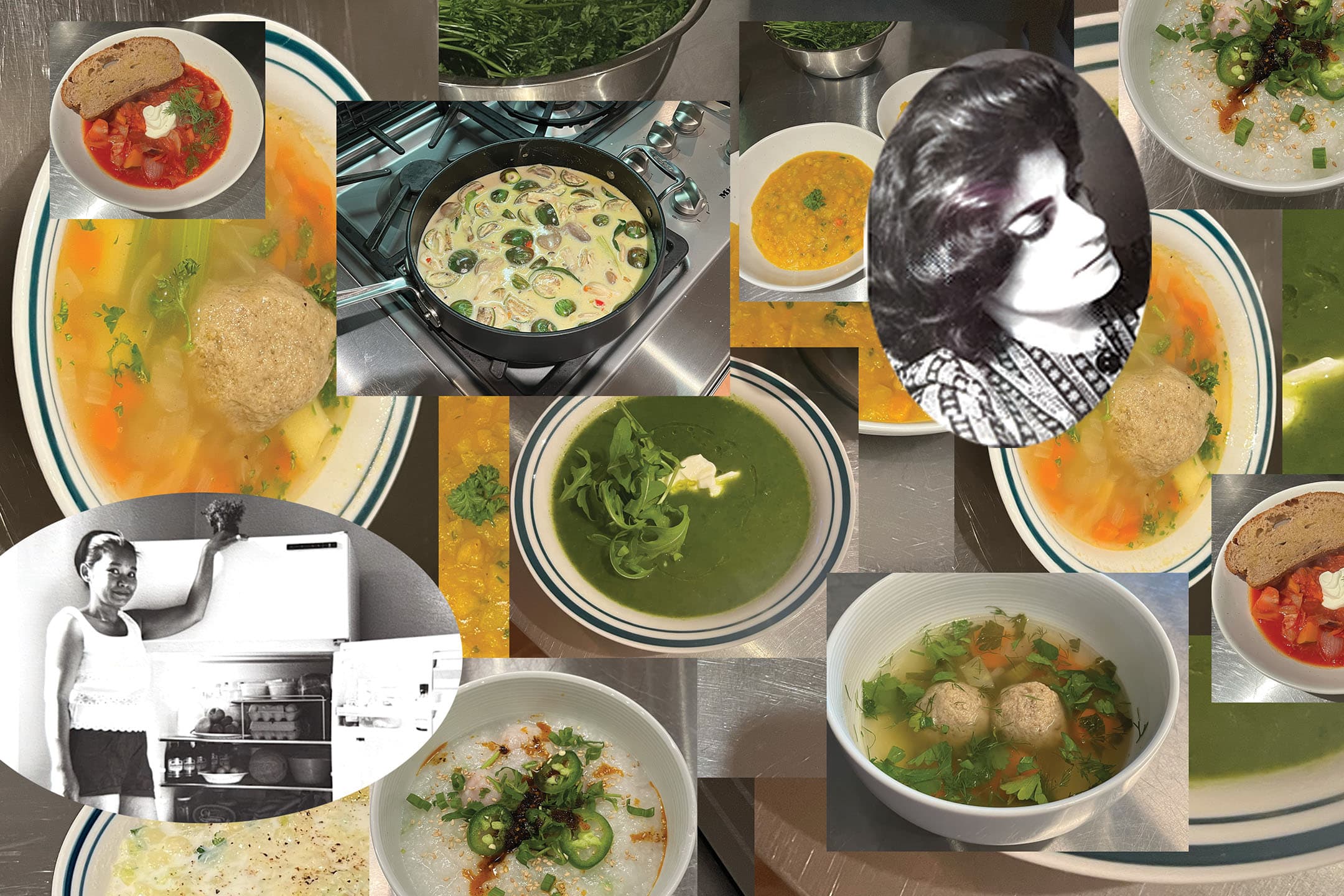 A collage of various dishes featuring soups and green vegetables, with images of bowls containing a variety of soups, including a clear broth with meatballs and vegetables, green soup, and a tomato soup served with a slice of bread. There are also pictures of a woman near a refrigerator and a vintage black-and-white portrait of a woman. The background is metallic, enhancing the food focus throughout the arrangement.