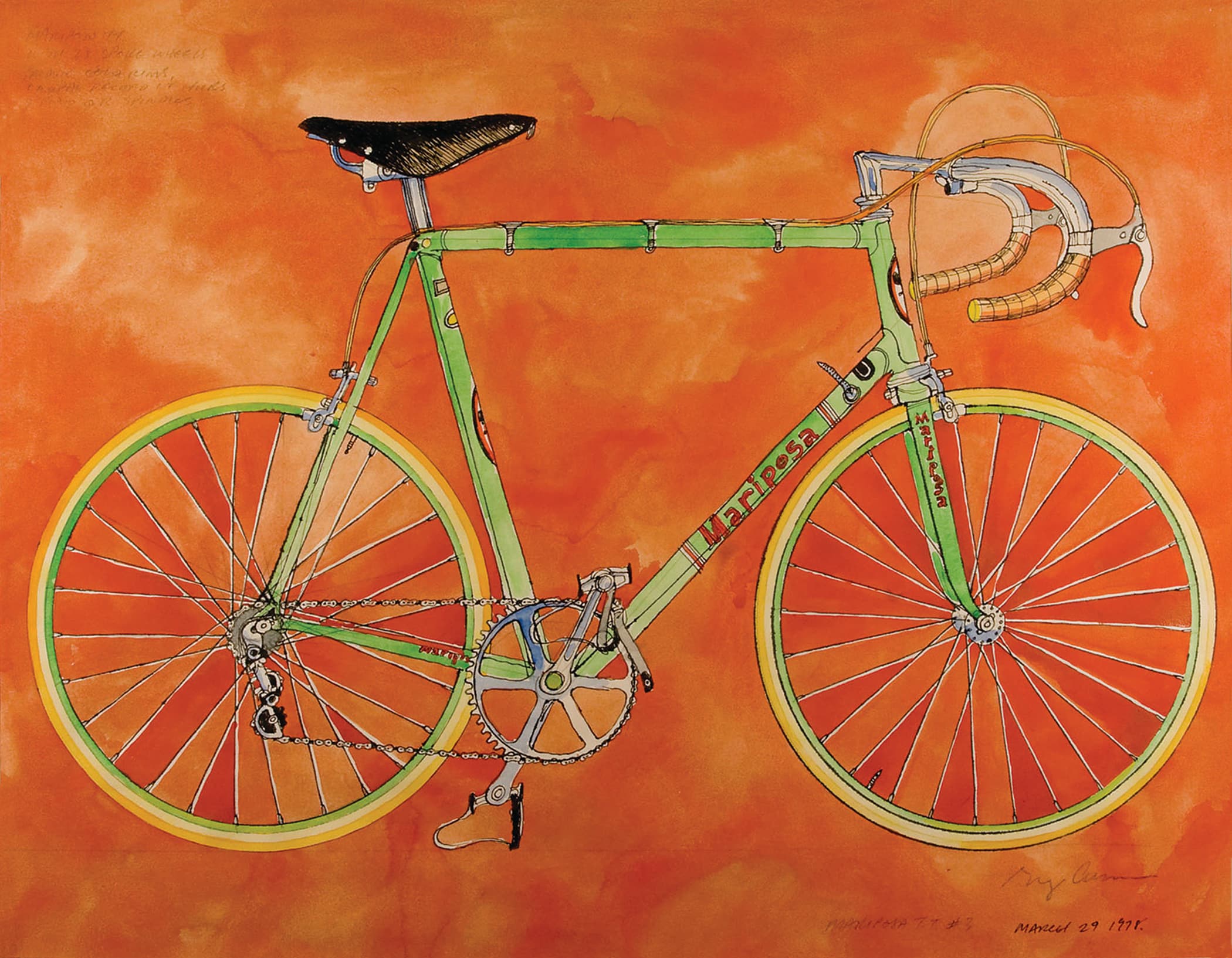 A colorful illustration of a bicycle in profile, featuring a bright green frame and yellow rims with red spokes. The handlebars are equipped with brown tape grips. The background is a vivid orange wash, creating a dynamic contrast with the bicycle. The artist's signature and date are visible in the bottom corner.