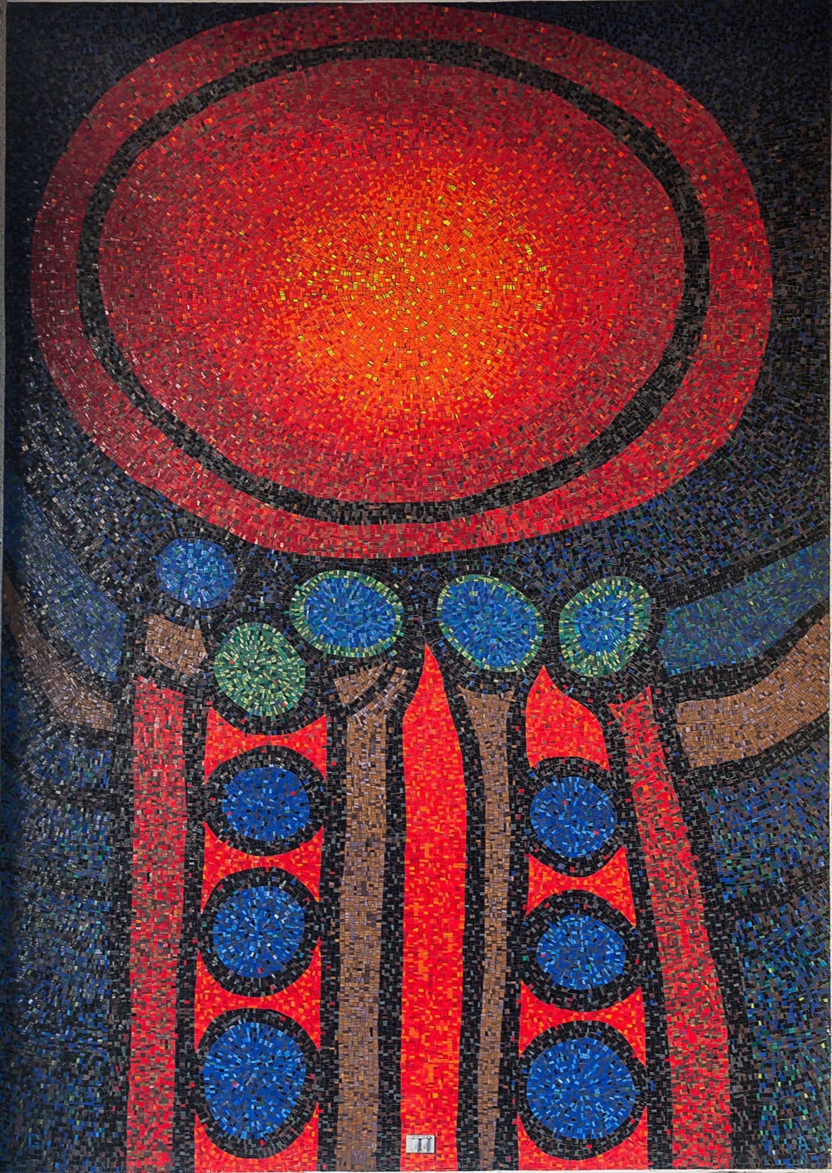 A vibrant mosaic featuring a large, central red circle with black outlines, set against a dark blue background. Below the circle, there are vertical brown and red stripes adorned with circular blue and green shapes, contributing to the artwork's abstract design. The overall composition combines bright colors and geometric patterns.