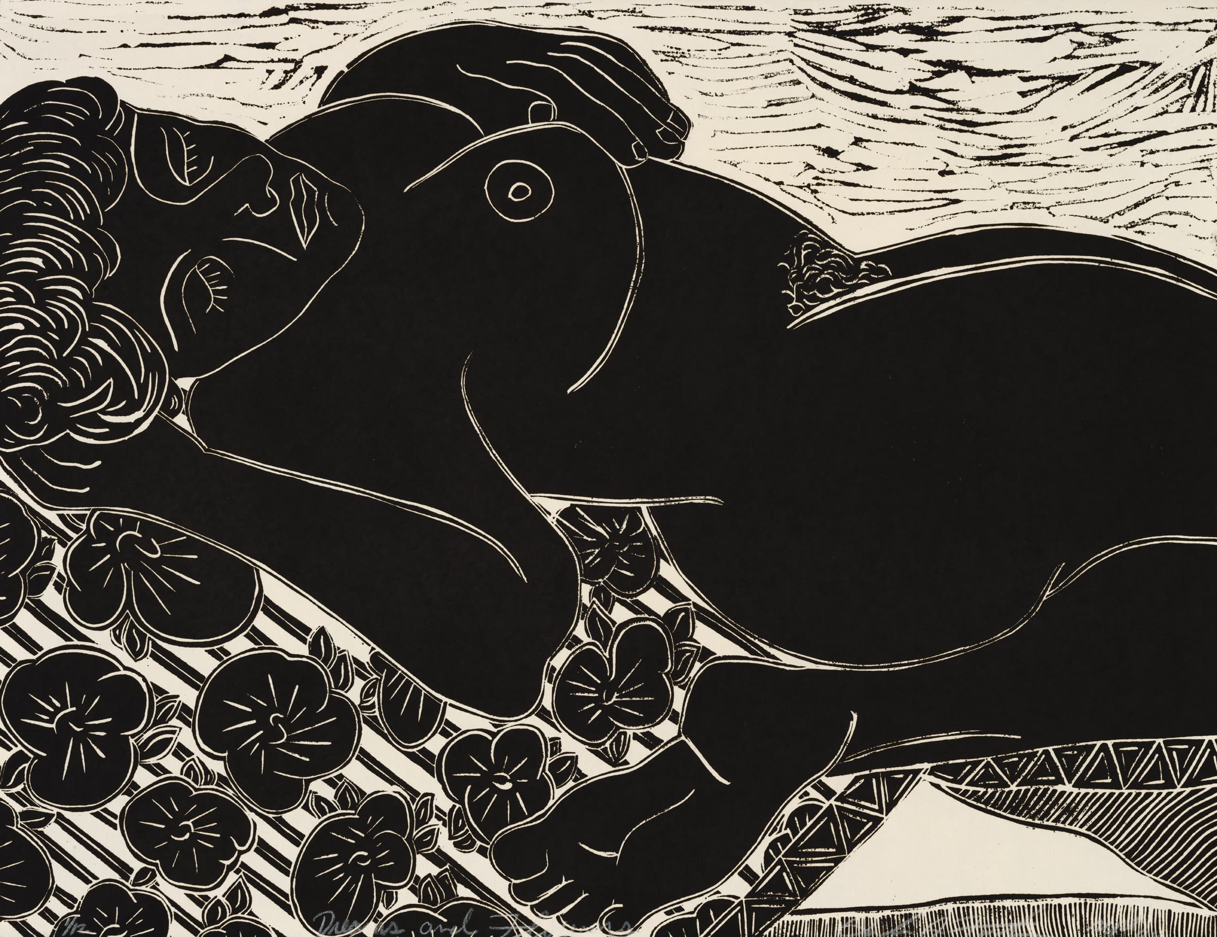 A black-and-white linocut print depicts a reclining nude figure with curly hair lying on a patterned surface featuring floral designs. The figure's body is outlined sharply, with expressive details on the face and limbs. The background has textured lines suggesting waves or movement.