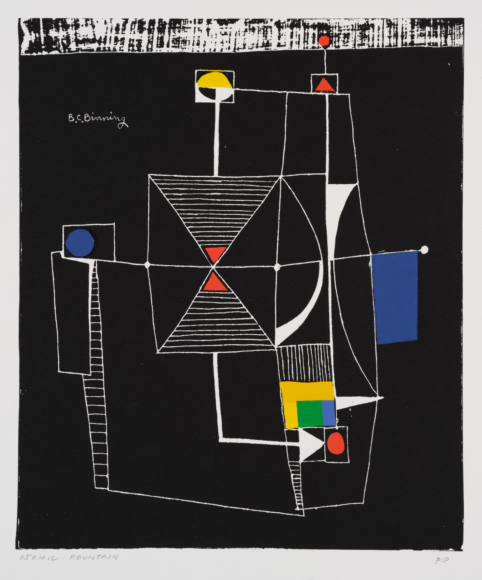 An abstract artwork featuring a black background with various geometric shapes in vibrant colours, including red triangles, a blue rectangle, a yellow semi-circle, and a green square. The shapes are outlined in white and arranged in an asymmetrical composition, with horizontal and vertical lines guiding the viewer's eye. The title "Atomic Fountain" and the artist's name, "B.C. Binning," are written in white at the top and bottom corners.
