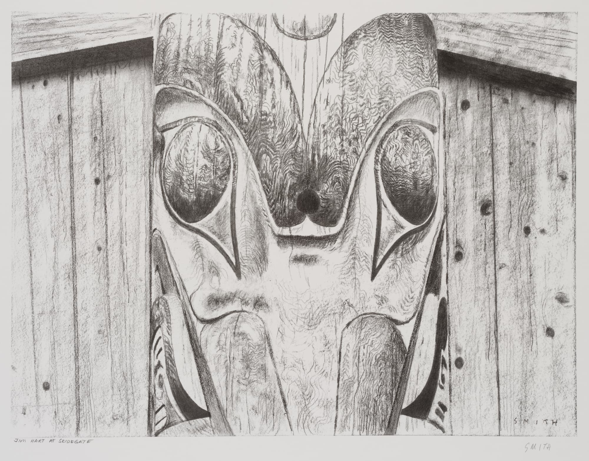 A detailed sketch of a carved totem, featuring prominent facial features and intricate designs. The totem's eyes are large and expressive, and it is positioned against a wooden background with visible grain and knots. The artist's name and other inscriptions are present in the lower corners of the image.