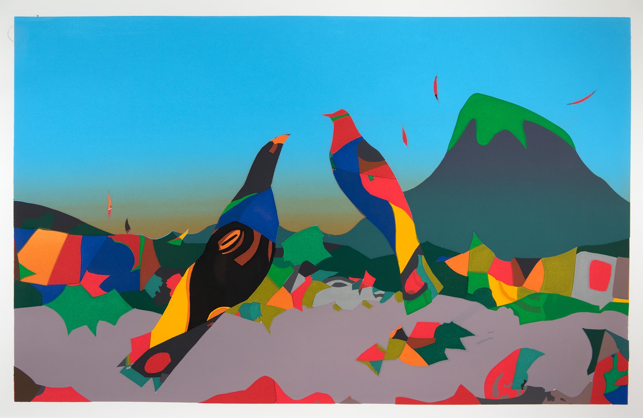 A colorful abstract artwork featuring two large bird-like shapes in vibrant hues of red, blue, green, and yellow. The background displays a gradient sky transitioning from blue to brown and features a stylized green-topped mountain. Various shapes and colors overlap at the bottom, suggesting a landscape.