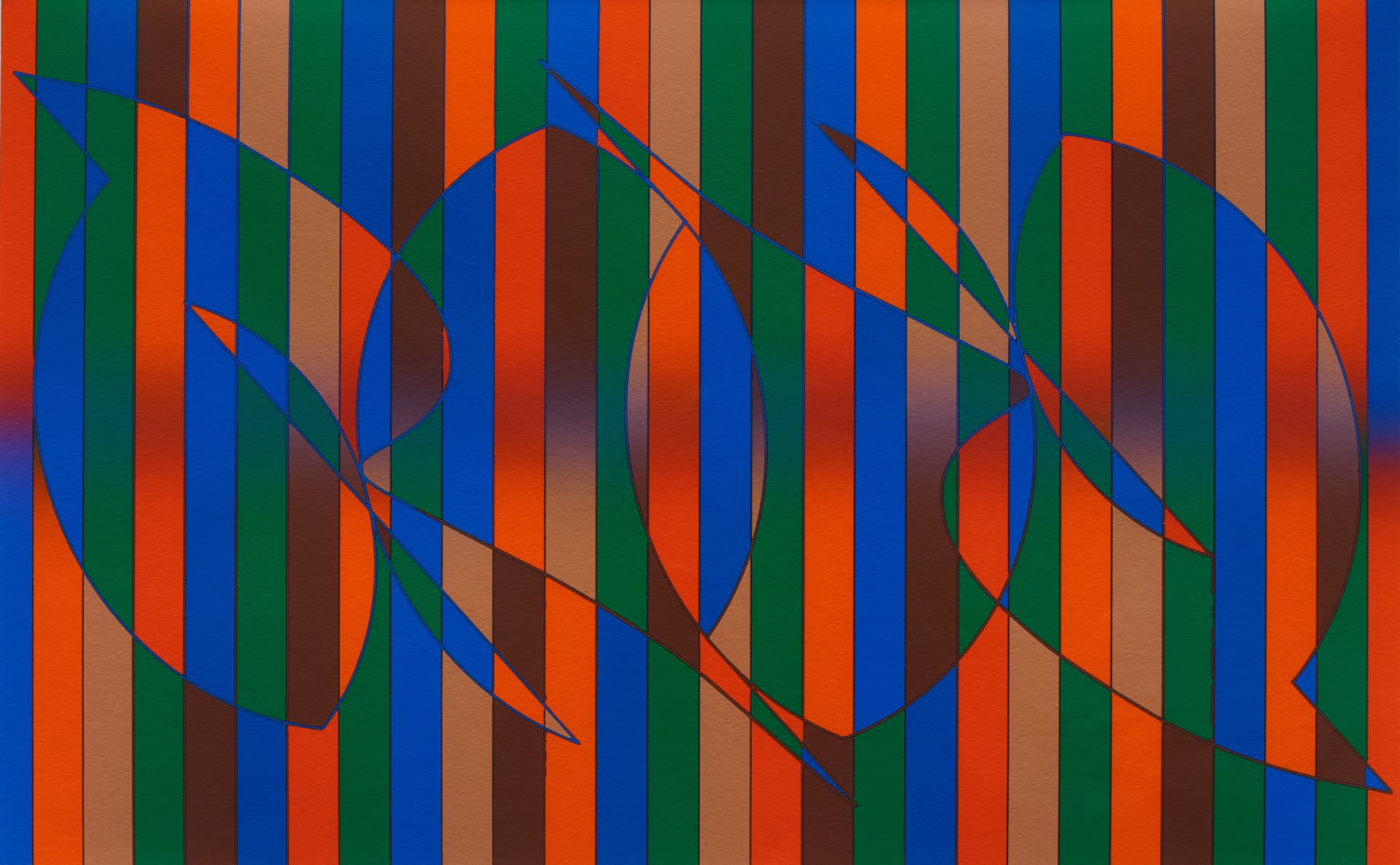 An abstract artwork featuring vertical stripes in colors like blue, green, orange, and brown. Overlaid on the stripes are large, curved shapes with defined outlines, adding depth and contrast to the composition. The background has a gradient effect, enhancing the vividness of the colors.