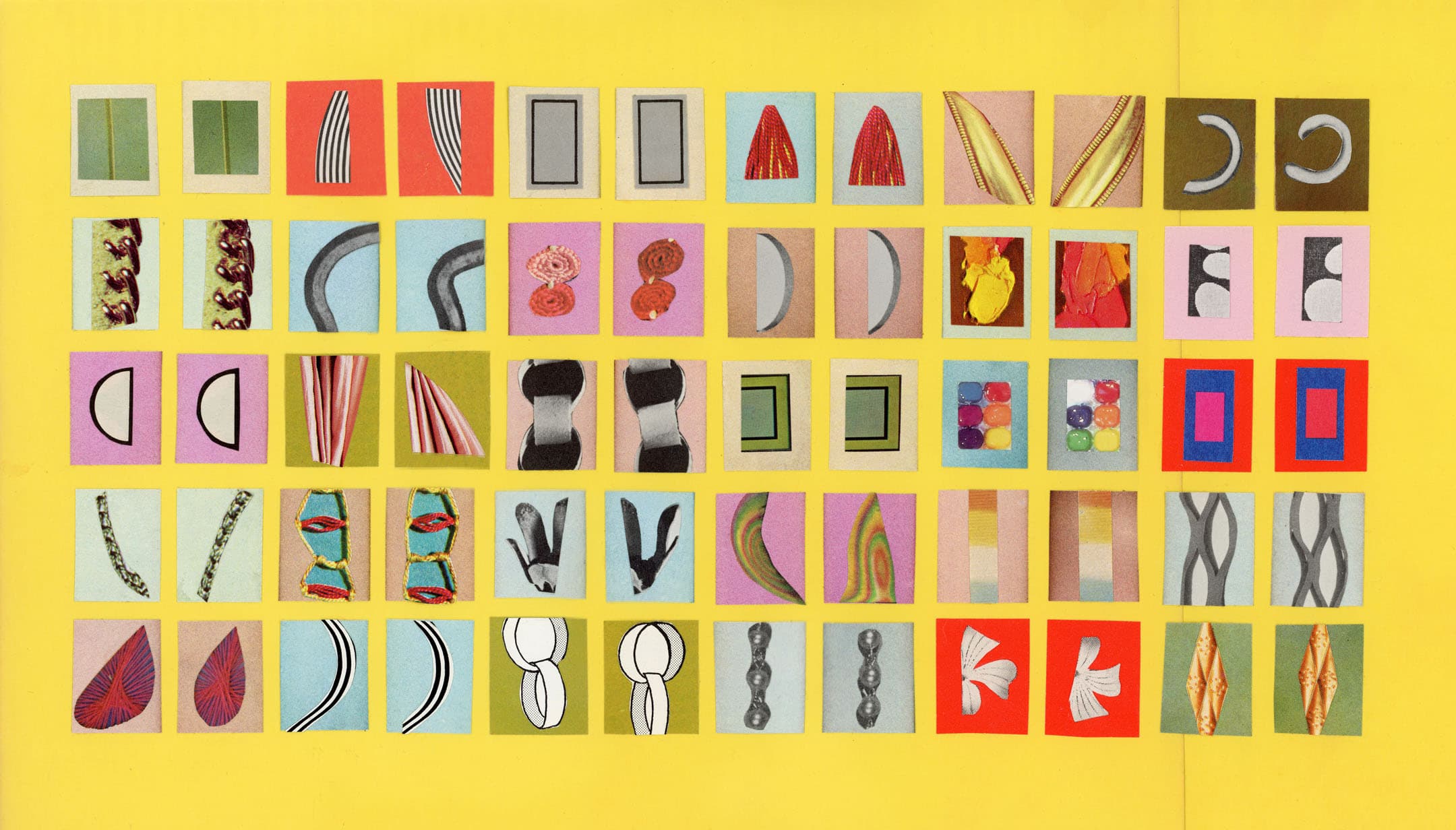 A grid of 36 colorful square images arranged on a bright yellow background. Each square contains various abstract shapes, lines, and patterns in diverse colors and textures, including geometric forms, stylized natural elements, and graphic motifs. The arrangement is organized into six rows and six columns.