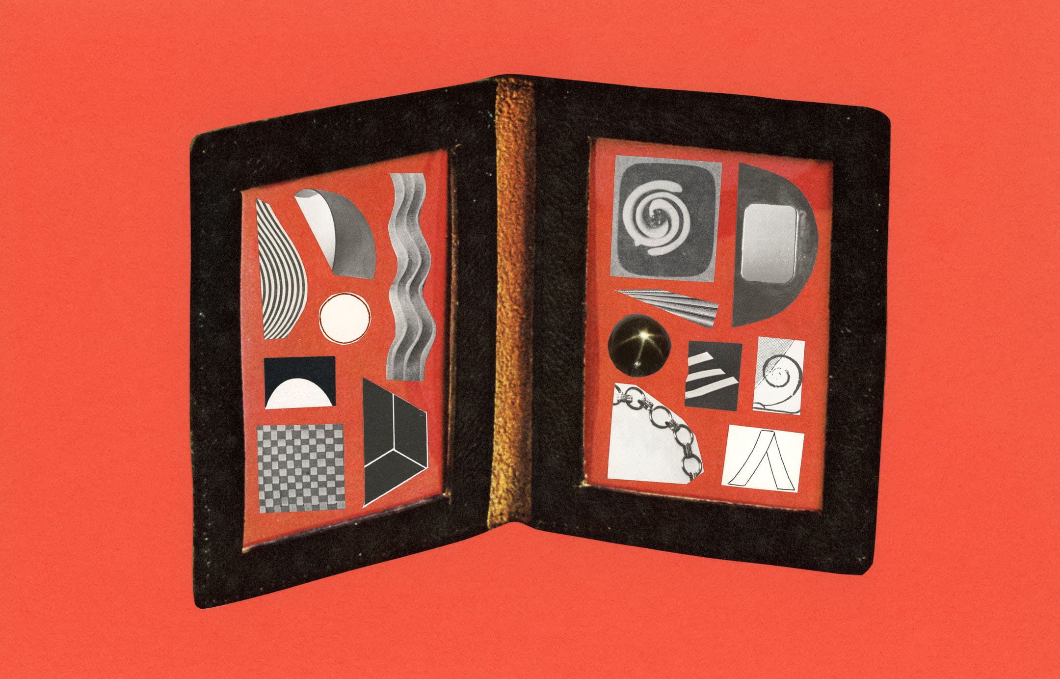 A black photo album opened to two pages displaying a variety of abstract geometric shapes and patterns in black, white, and gray, set against a bright red background. The shapes include spirals, curves, lines, and a checkered pattern, arranged in a visually appealing manner.