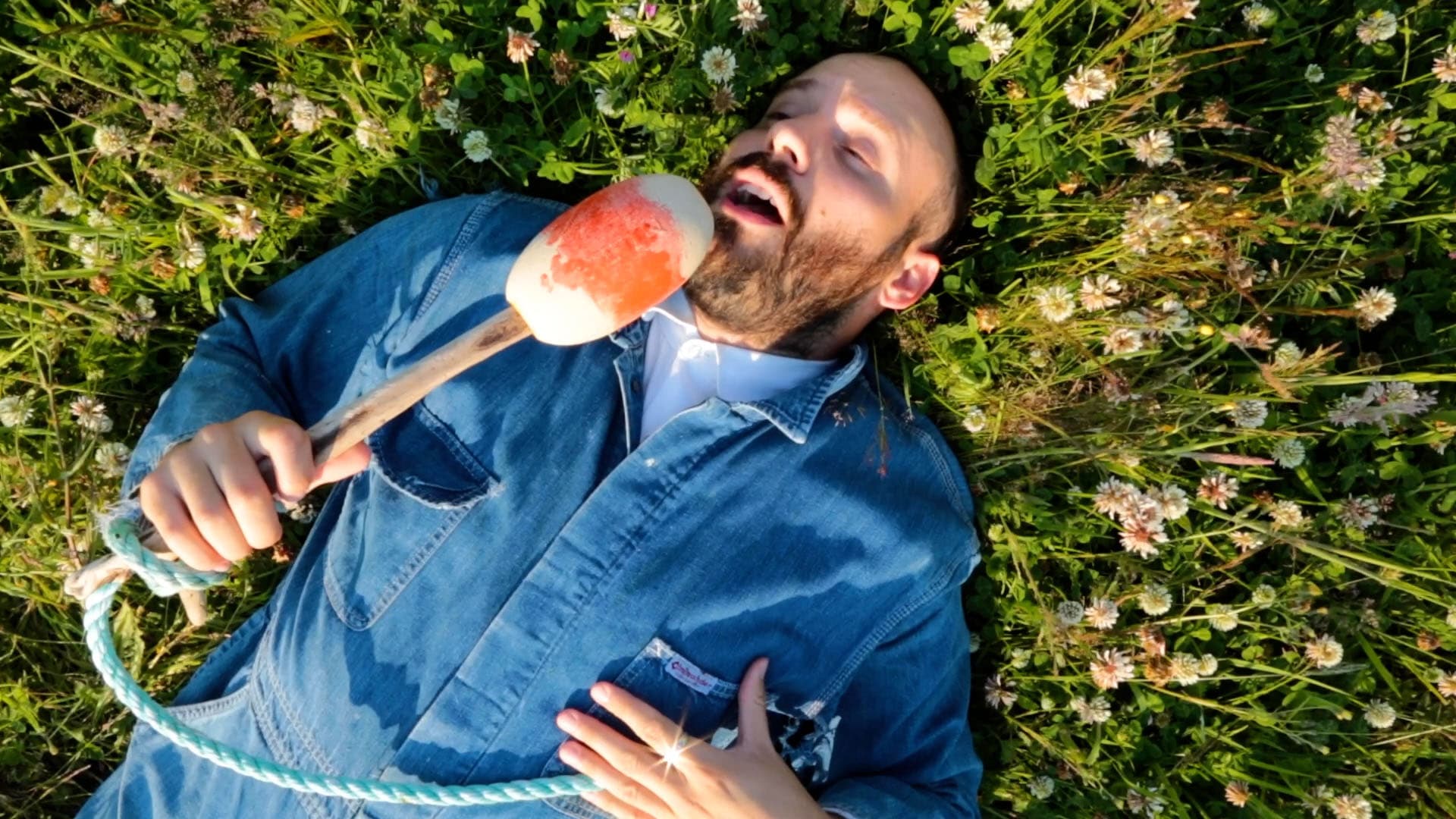 A man lies on a grassy field filled with small white and pink flowers. He is wearing a blue denim outfit and has a relaxed expression. In his mouth, he holds a large, colorful candy resembling a beach ball. One hand clutches a rope, while the other rests on his chest. The scene is bright and captures a playful, carefree moment.